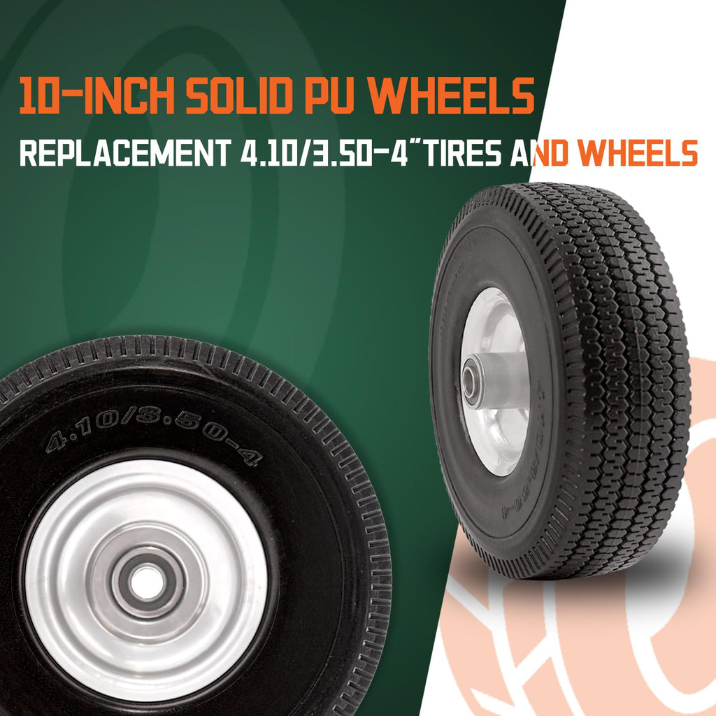 RRQ 4.10/3.50-4 Flat Free Tire, 10" Solid Wheels, 4.10-3.50-4 Tire, 2 Pack