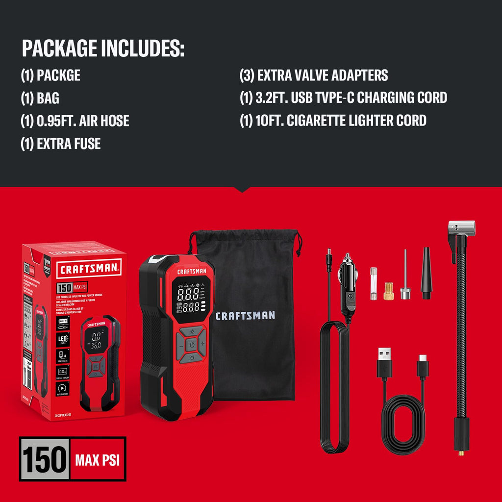 Buy now CRAFTSMAN Tire Inflator Portable Air Compressor, Cordless Mini Air Pump for Car Tires with Digital Tire Pressure Gauge, 6000mAh Battery Powered Air Pump, Max Pressure 150 PSI, 12V DC Corded at indiglob india