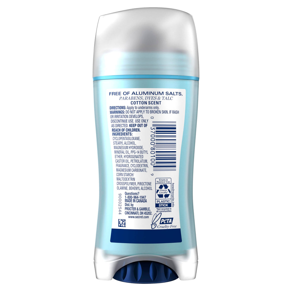 Secret Aluminum Free Deodorant for Women, 72hr Odor Protection, Naturally Derived Ingredients, Free of Parabens Dyes Talc & Baking Soda, PH Balancing Minerals, Dry Solid, Cotton Scent, 2.4 oz