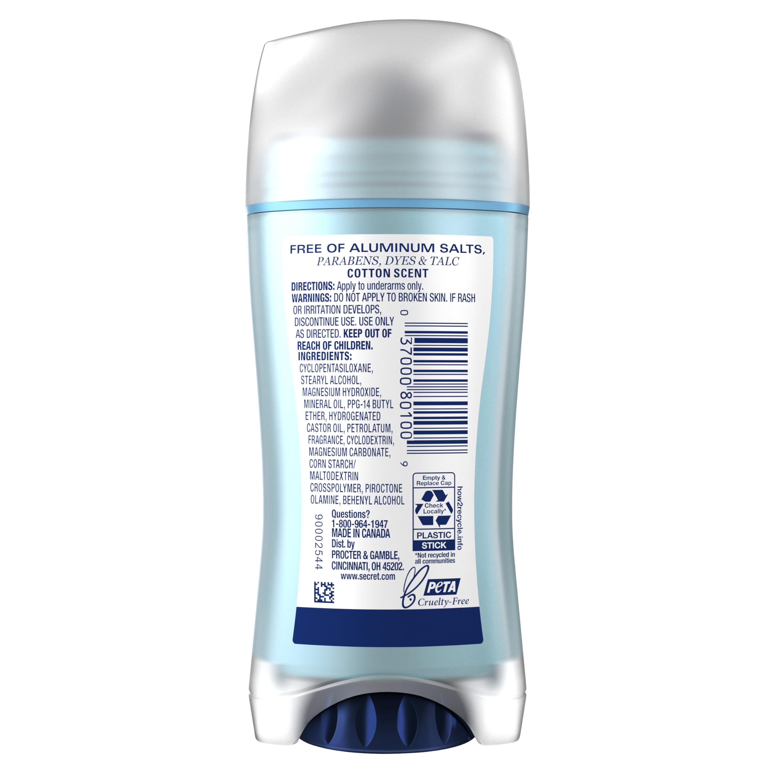 Secret Aluminum Free Deodorant for Women, 72hr Odor Protection, Naturally Derived Ingredients, Free of Parabens Dyes Talc & Baking Soda, PH Balancing Minerals, Dry Solid, Cotton Scent, 2.4 oz