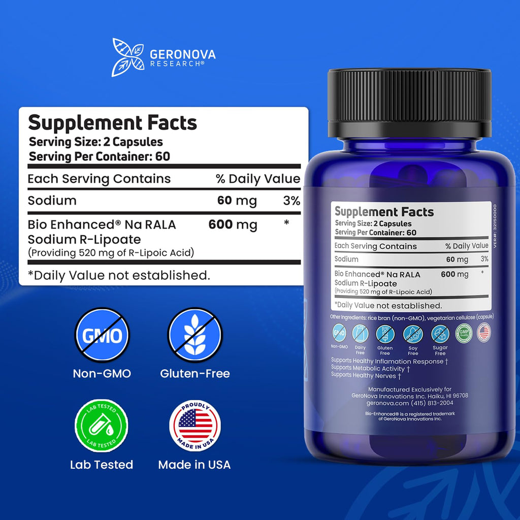 Geronova Research® Bio-Enhanced® R-Lipoic Acid - 600 mg, 120 Capsules
