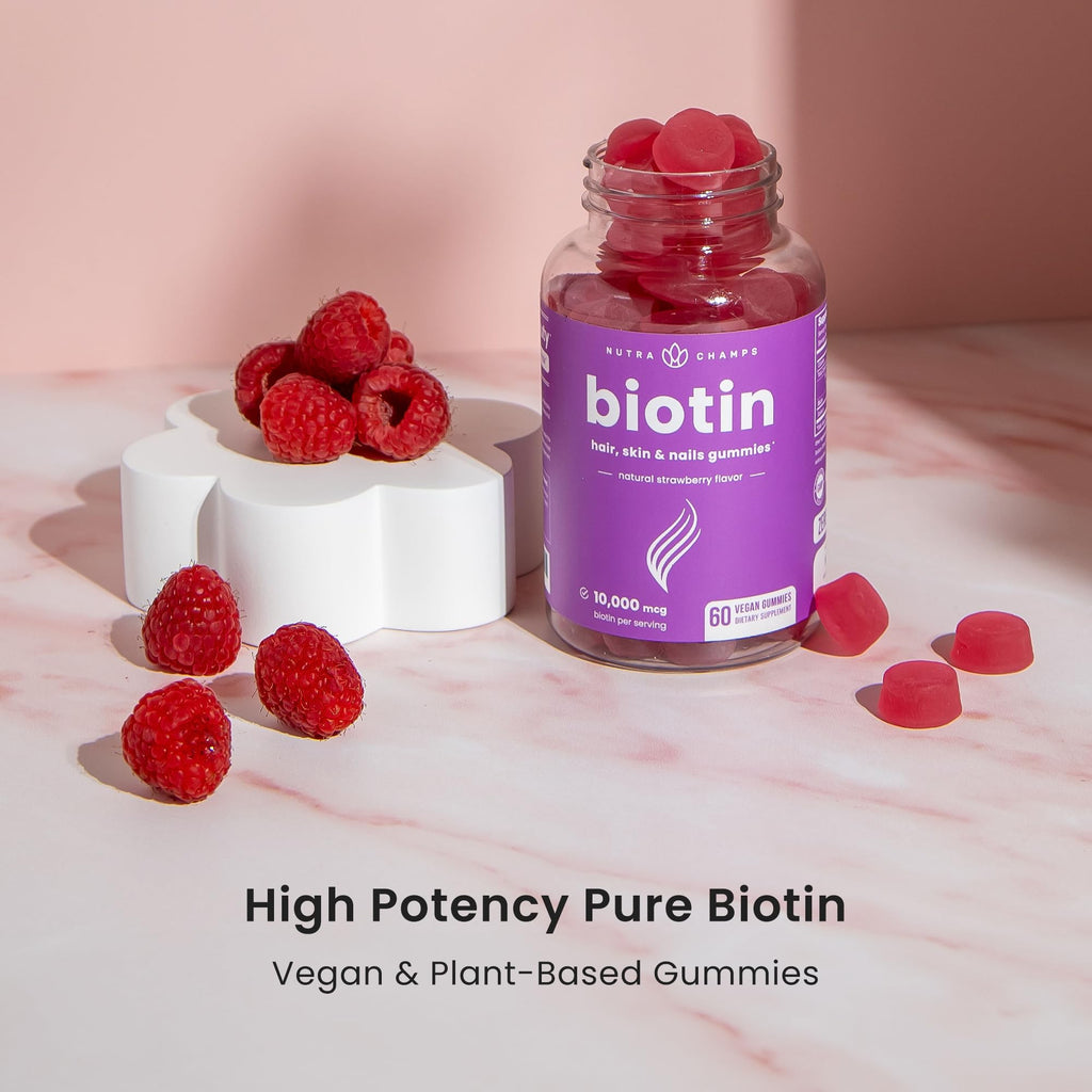 NutraChamps (2 Pack) Biotin Gummies 10,000mcg [High Potency] for Healthy Hair, Skin & Nails for Adults & Kids - 5000mcg in Each Gummy Vitamin - Vegan, Non-GMO, Pectin-Based Hair Health Supplement
