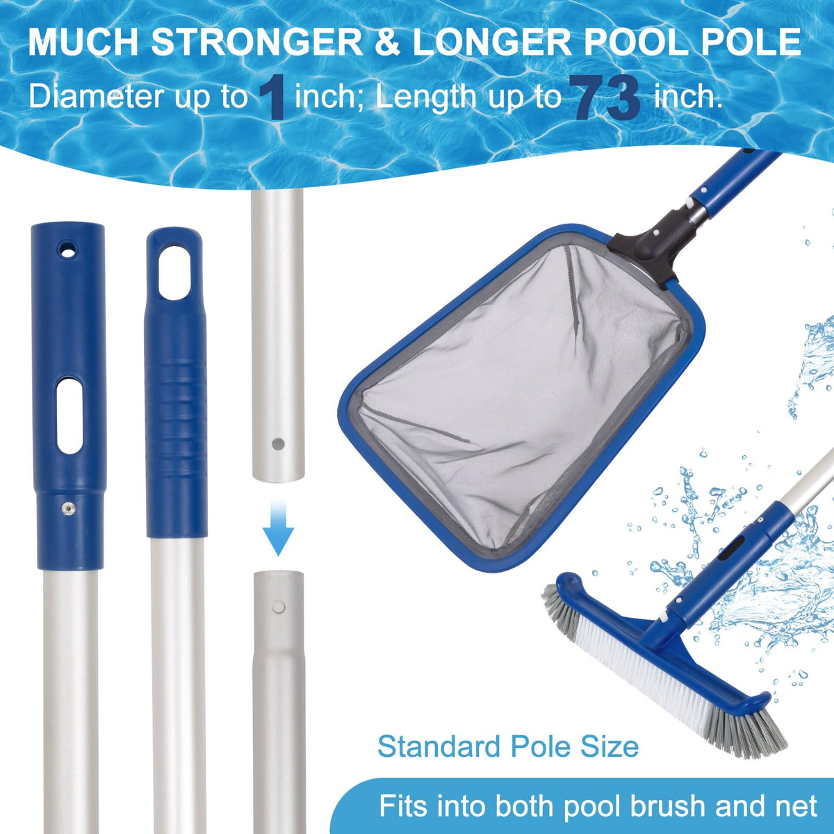 POOLAZA 3-in-1 Pool Cleaning Kit with Pool Net, Pool Brush & 73" Pool Pole