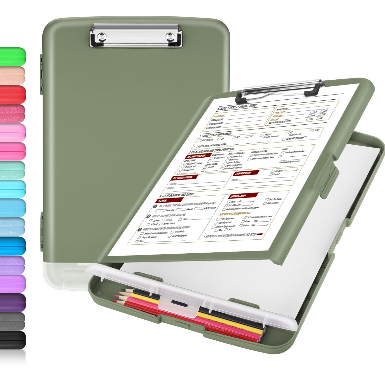Buy now Sooez Clipboard with Storage, Clip Board 8.5 x 11 with Pen Holder, Plastic Organization Case Box for Letter Legal A4 Size Paper, Low Profile Clip, Nurses Teachers Must Haves, School & Office Supplies Sage Green at indiglob india