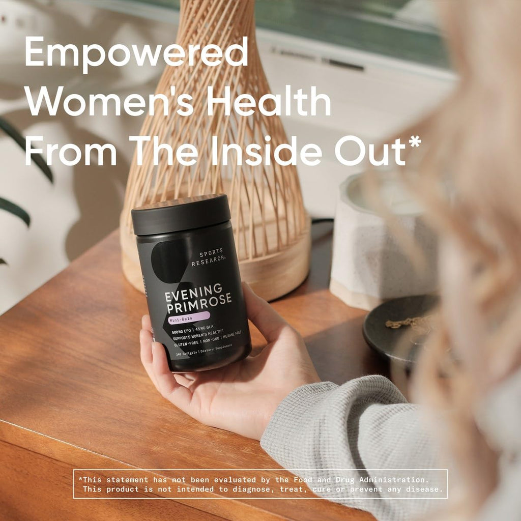 Sports Research® Evening Primrose Oil 500mg, 240 Mini-Softgels | EPO Supplement from Cold-Pressed Oil for Women’s Health & Healthy Skin | Natural GLA, Non-GMO, Easy to Swallow Capsule