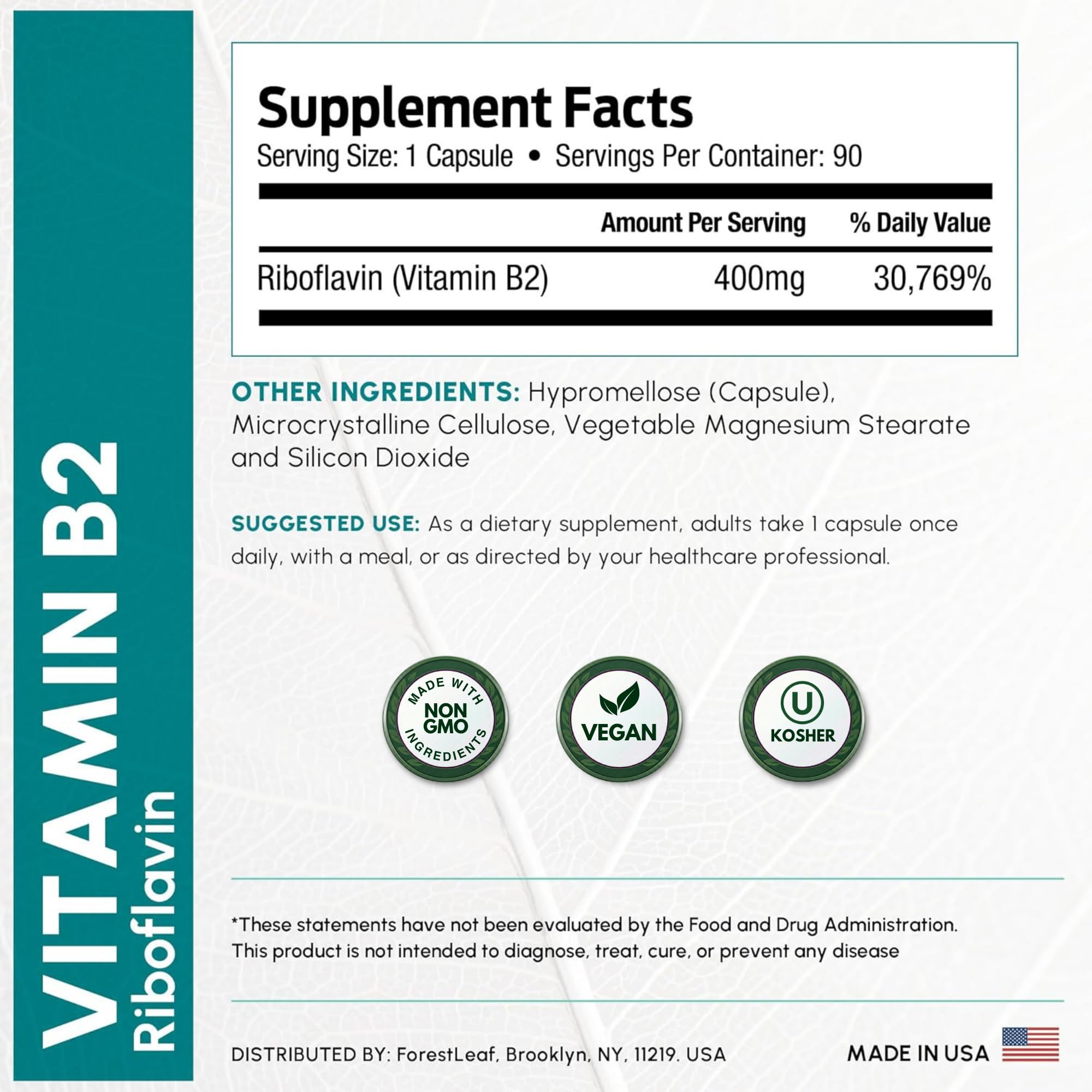 ForestLeaf Vitamin B2 riboflavin 400mg, Non GMO Gluten Free, 90 Count | High-Potency B2 Vitamin For Cellular Energy, Skin And Nervous System Support; Non-GMO, Gluten-Free, Vegetarian, Made In USA