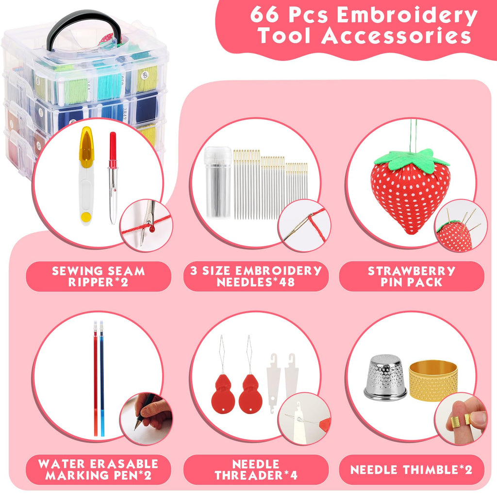 PAXCOO 276 Pack Embroidery Floss Thread Kit Including 210 Colors Cross Stitch Sewing Thread with 66 Pcs Embroidery Accessories and 4-Tier Transparent Embroidery Thread Storage Organizer Box