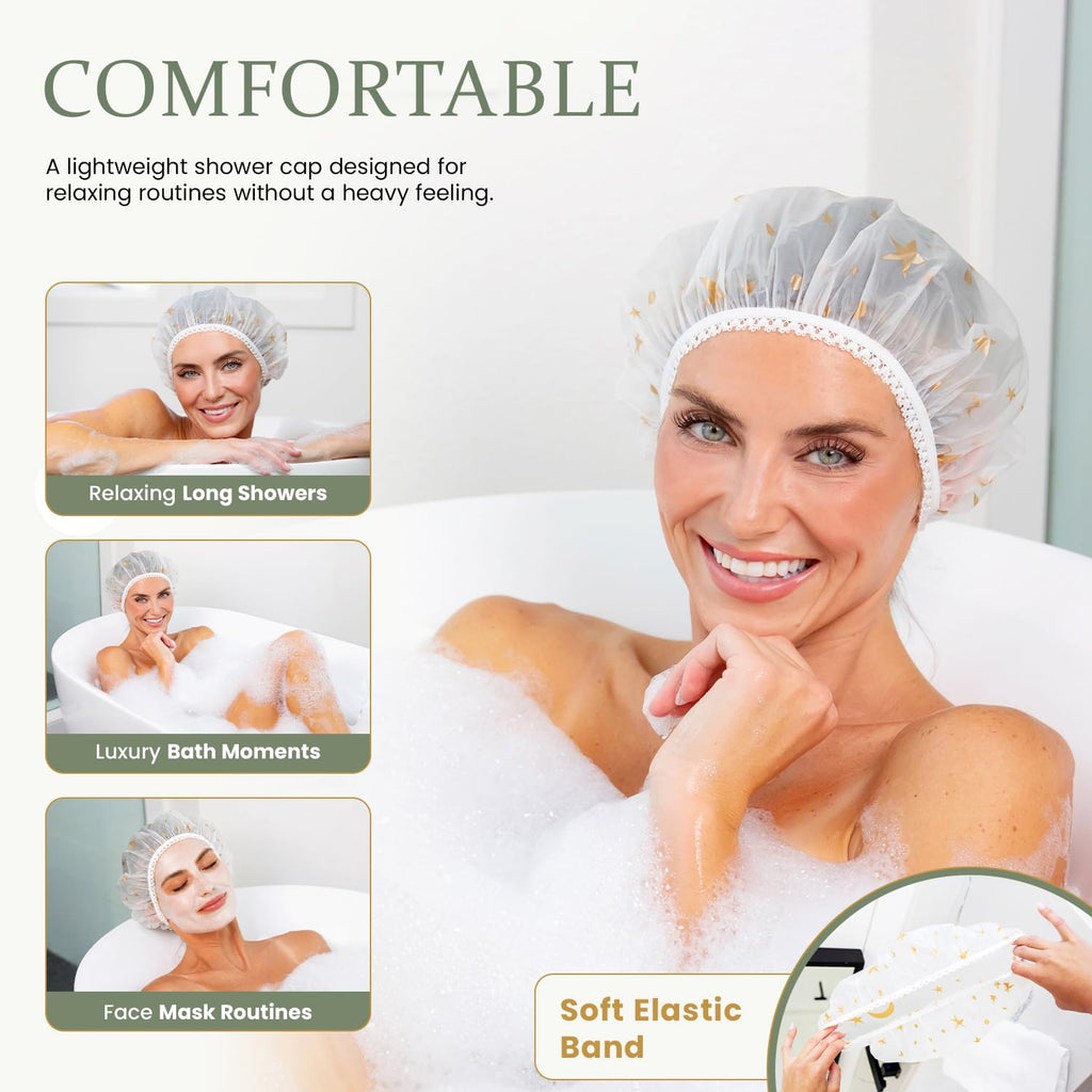 Shower Caps for Women Reusable Waterproof, 2 PCS Shower Caps + 5 Hair Ties