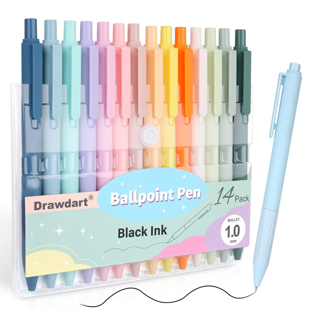 Drawdart 14-Pack Ballpoint Pens, Medium 1.0mm Black Ink Cute Pen with Super Soft Grip, Retractable - For Smooth Writing, Note Taking and Journaling, Office & School Supplies