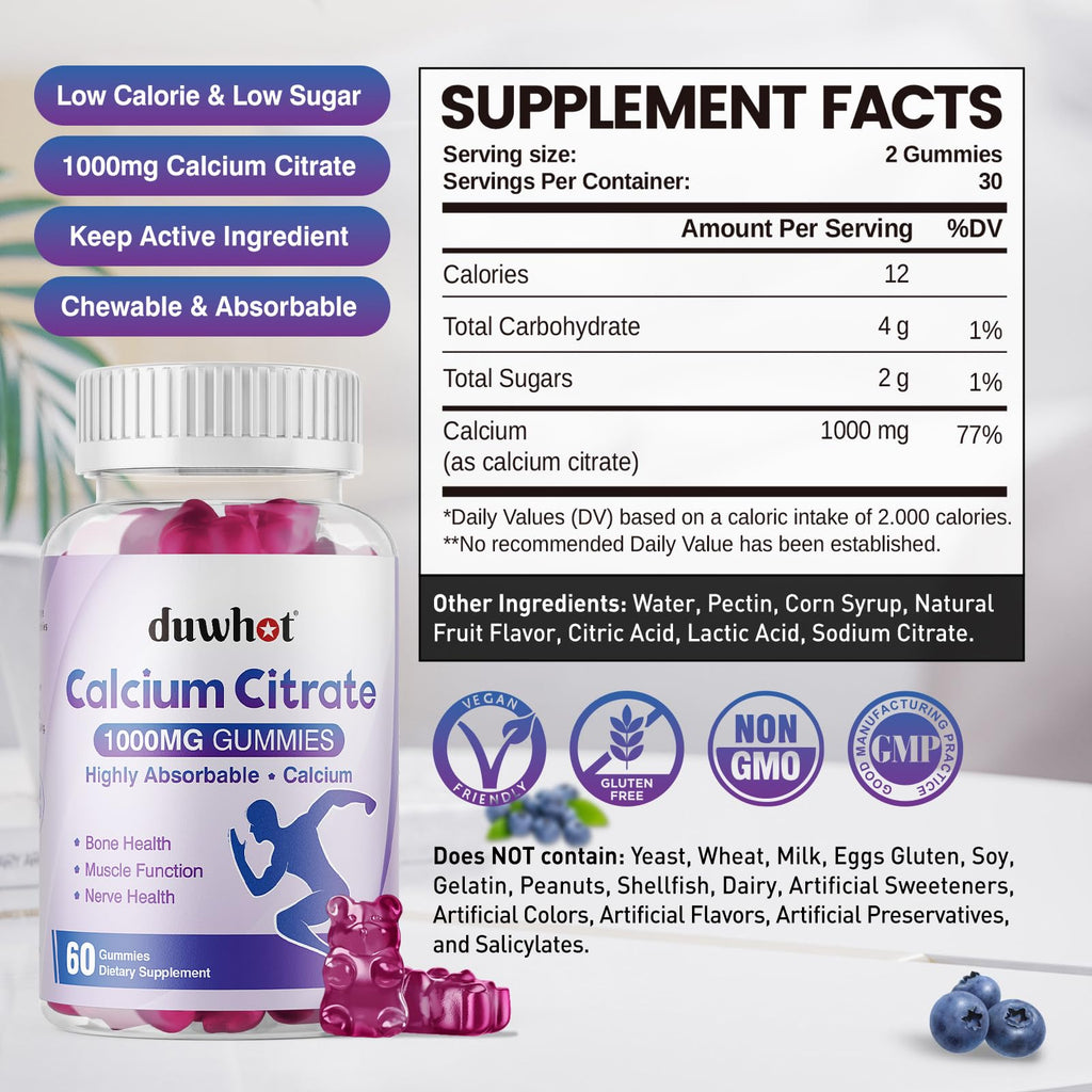 duwhot Calcium Citrate Gummies, Chewable Calcium 1000mg for Women, Men Kids | High Absorption Calcium Minerals Supplements for Bone, Muscle & Immune Support, Blueberry Flavor, Vegan, Organic, 60 Chews