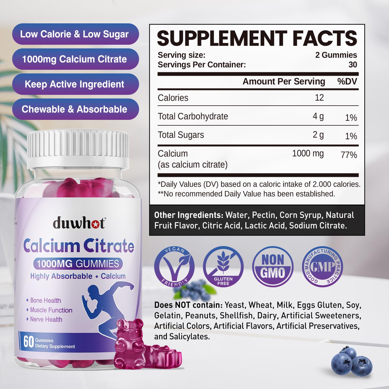 duwhot Calcium Citrate Gummies, Chewable Calcium 1000mg for Women, Men Kids | High Absorption Calcium Minerals Supplements for Bone, Muscle & Immune Support, Blueberry Flavor, Vegan, Organic, 60 Chews
