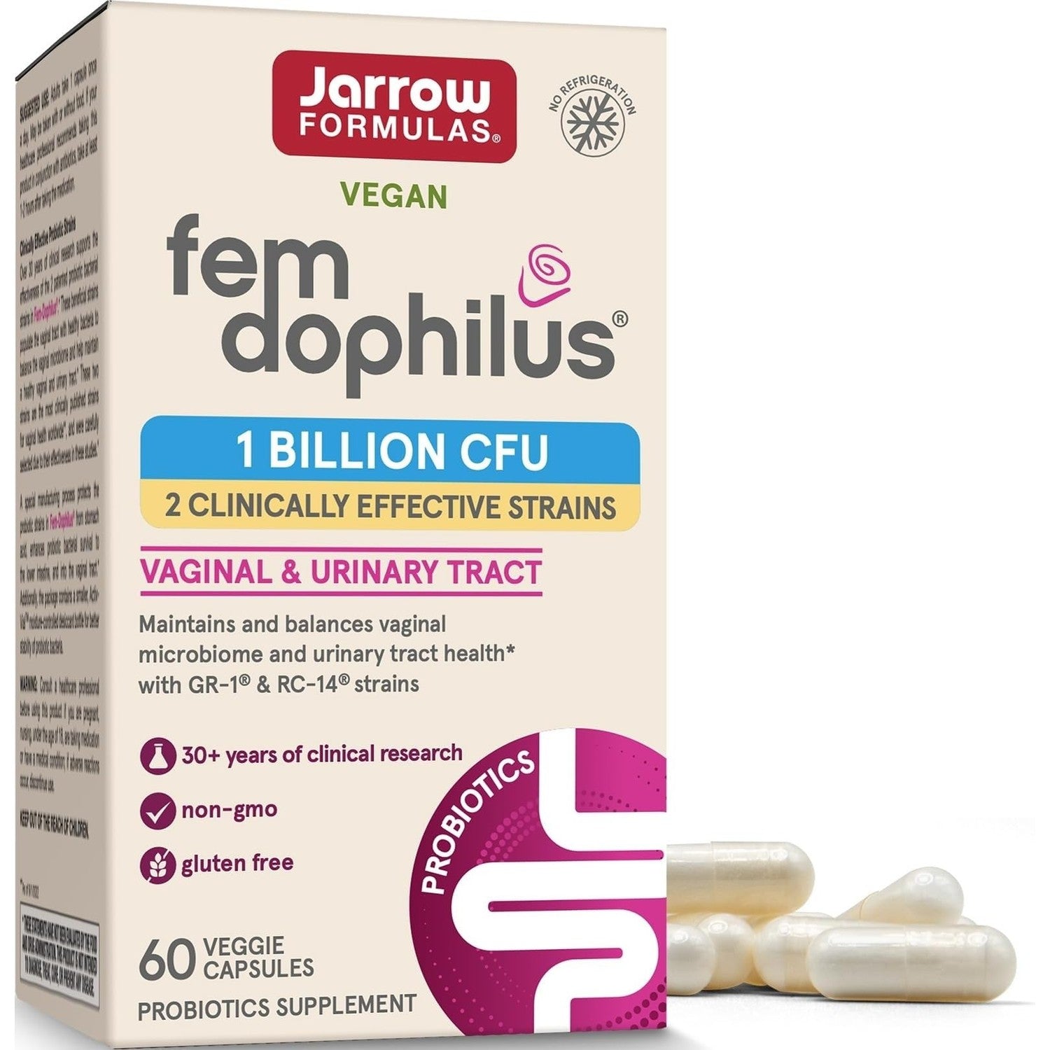 Jarrow FemDophilus Probiotics, Vaginal & Urinary Tract Support, 60 Capsules | Vaginal Health Support, Urinary Tract Support, 1 Billion CFU, Clinically Studied Strains, Shelf-Stable, Vegan, Gluten-Free