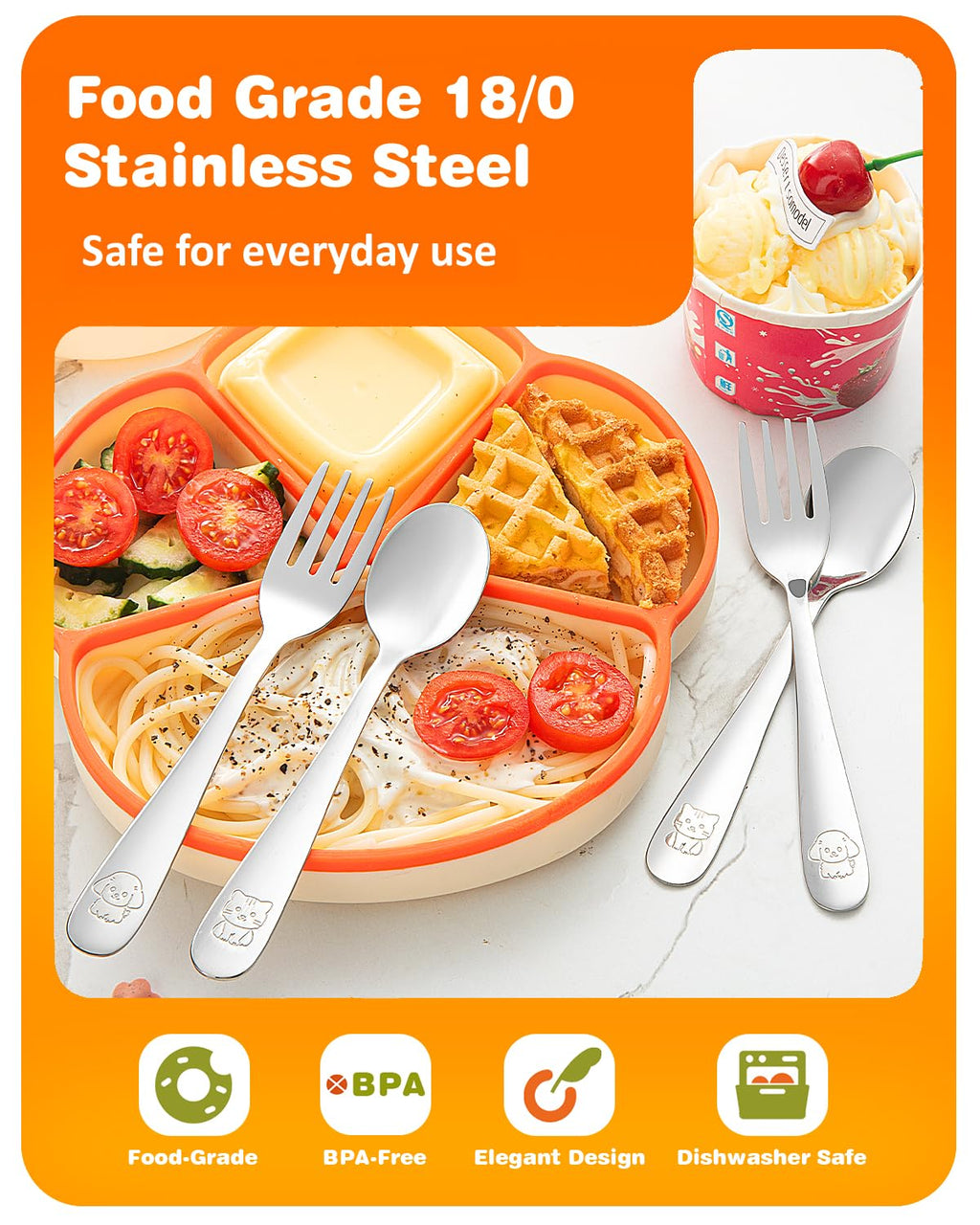 8-Piece Toddler Utensils Set, Food Grade Stainless Steel Kids Silverware Set Including Forks and Spoons, Child-Sized, Dishwasher Safe