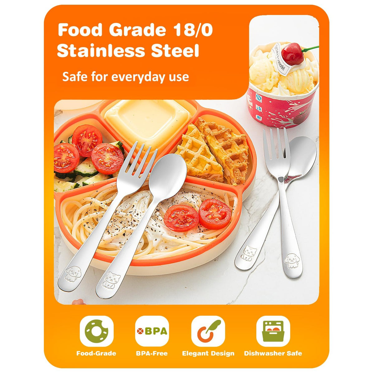8-Piece Toddler Utensils Set, Food Grade Stainless Steel Kids Silverware Set Including Forks and Spoons, Child-Sized, Dishwasher Safe