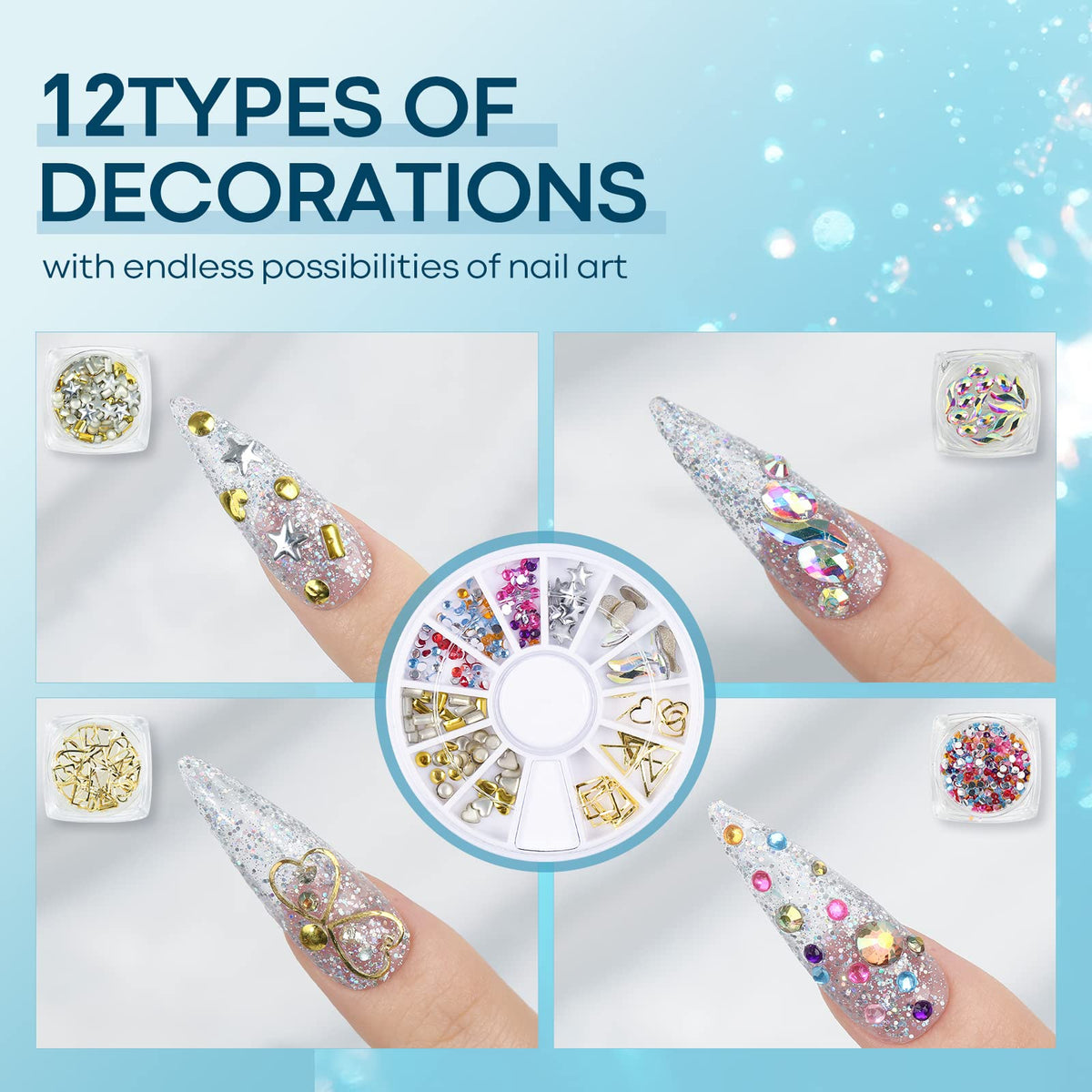 Explore 12 types of nail art decorations for endless creativity with Modelones Short Almond Nail Tips. Verified by CuratCart.