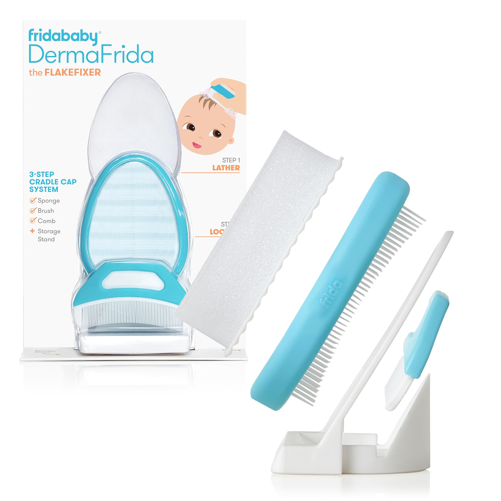 Buy now Frida Baby The 3-Step Cradle Cap System, DermaFrida The FlakeFixer, Sponge, Brush, Comb and Storage Stand for Babies with Cradle Cap, White-Blue 3-Step Flake Fixer System at indiglob india
