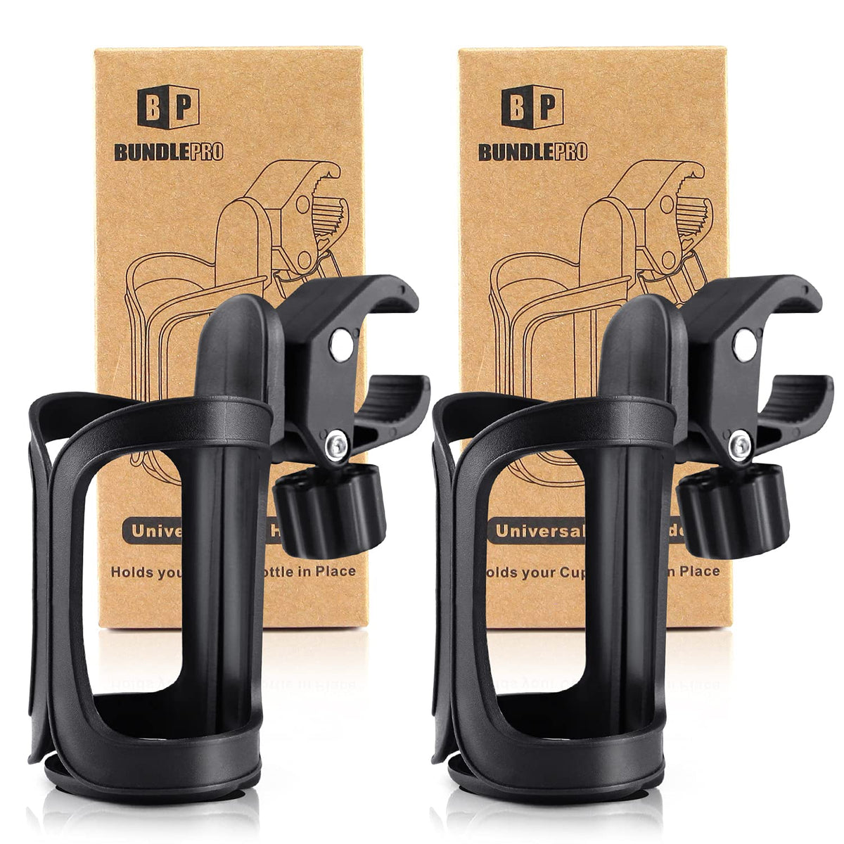 BUNDLEPRO Stroller Cup Holder, Universal Bike Cup Holder, 2 Pack, Black