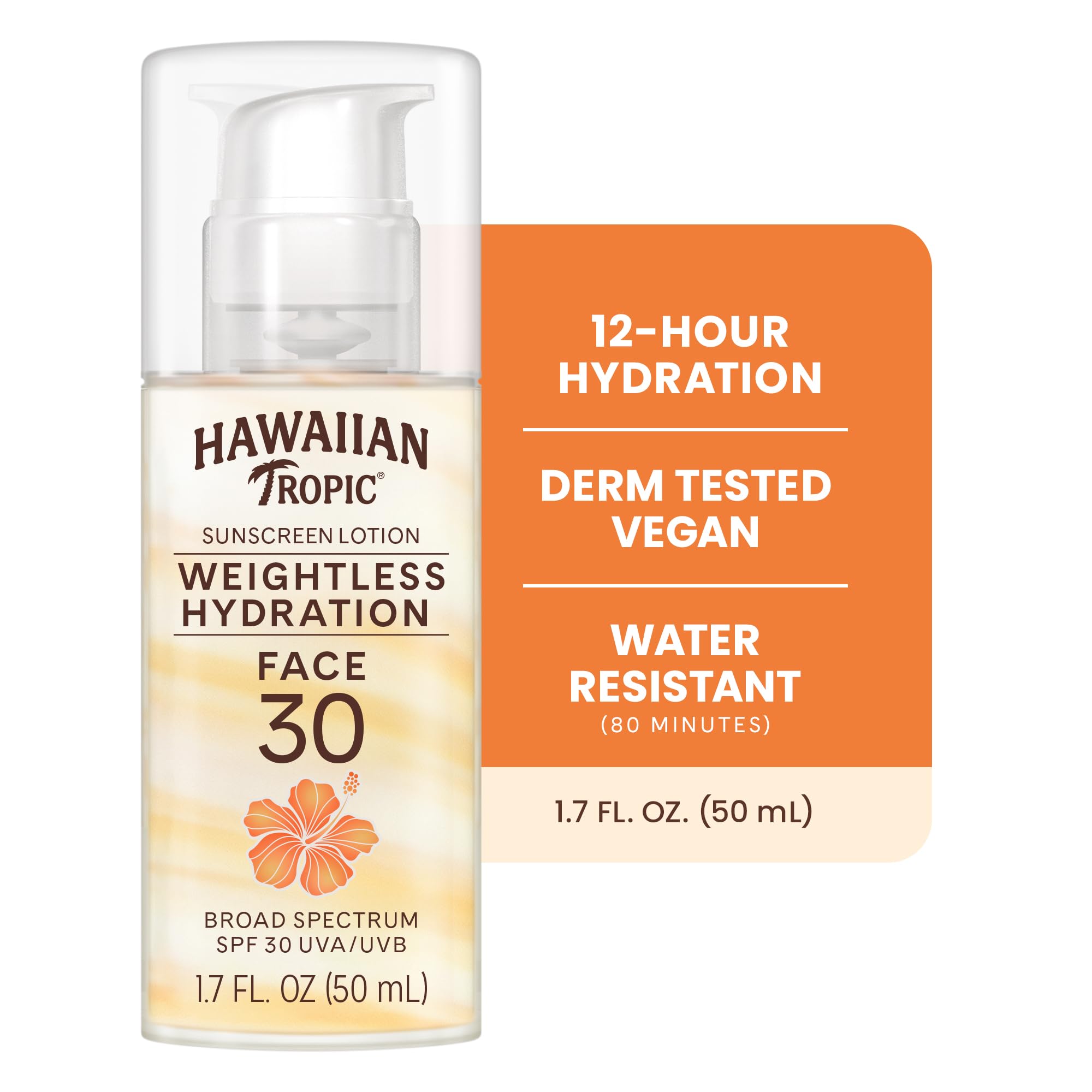 Hawaiian Tropic Weightless Hydration SPF 30 Face Sunscreen, 1.7 Fl Oz | Lightweight hydrating lotion, Travel size sunscreen for face, Non-comedogenic sunblock, Layers under makeup