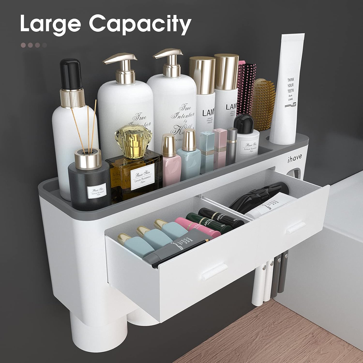 Buy now iHave Toothbrush Holders for Bathrooms, 4 Cups Toothbrush Holder Wall Mounted with Toothpaste Dispenser - Large Capacity Tray, 2 Cosmetic Drawer - Bathroom Organizer & Bathroom Accessories Set at indiglob india
