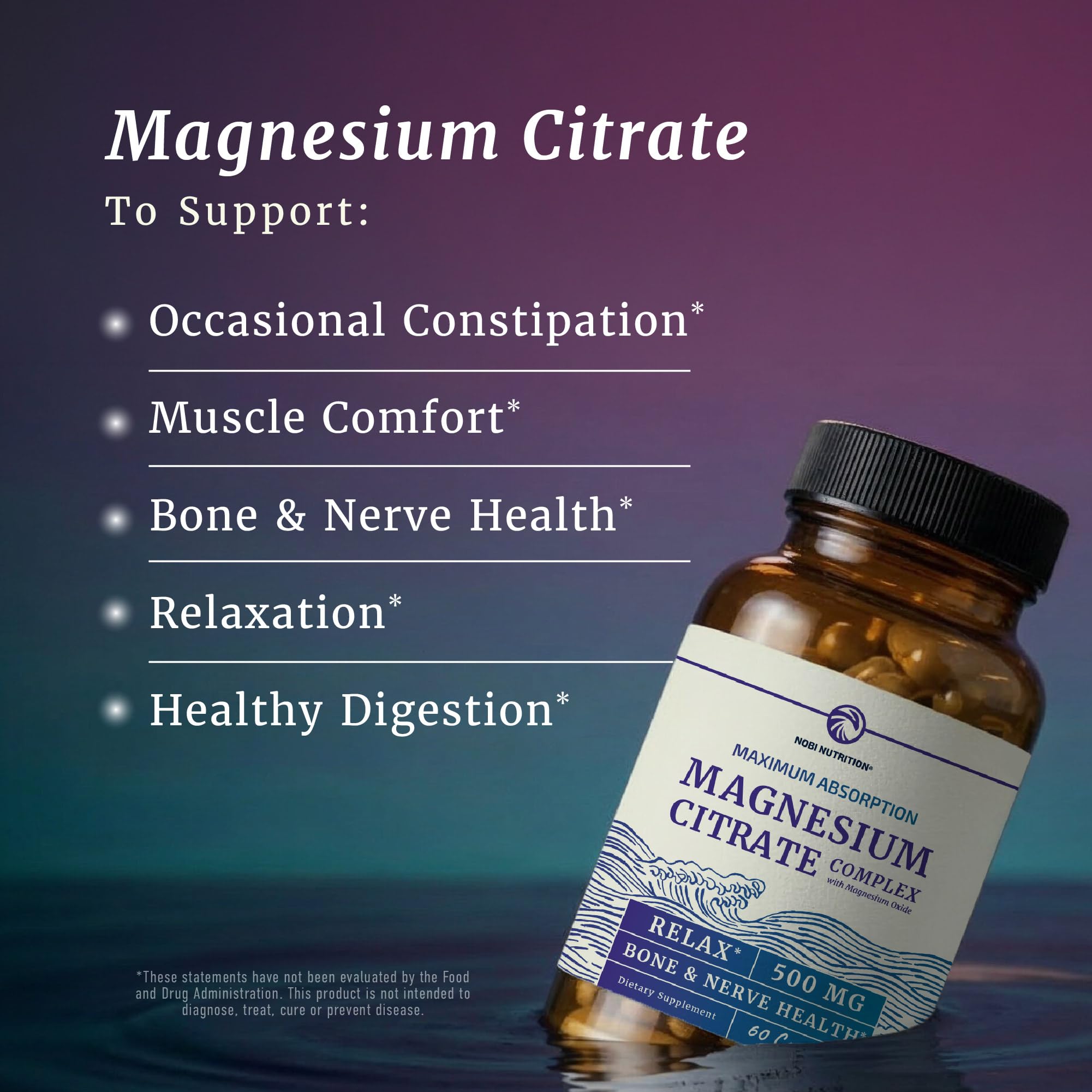 Magnesium Citrate Complex 500 MG, Constipation, Calm & Relaxation Support | High Absorption Magnesium Supplement, Digestion Support, Citrato de Magnesio, Non-GMO & Soy-Free, 60 Mag Citrate Capsules