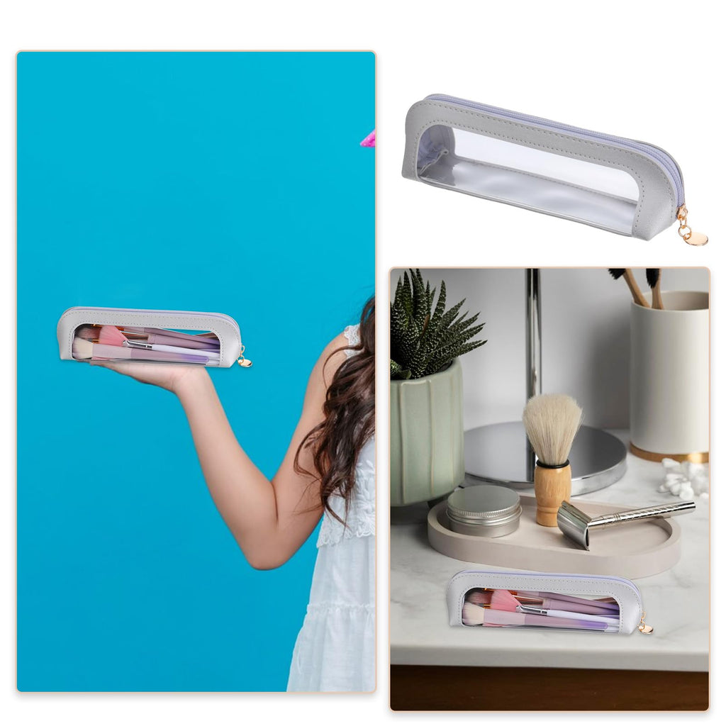 Transparent clear makeup bag made of PU leather, ideal for organizing cosmetics. Stylish and portable for quick use.
