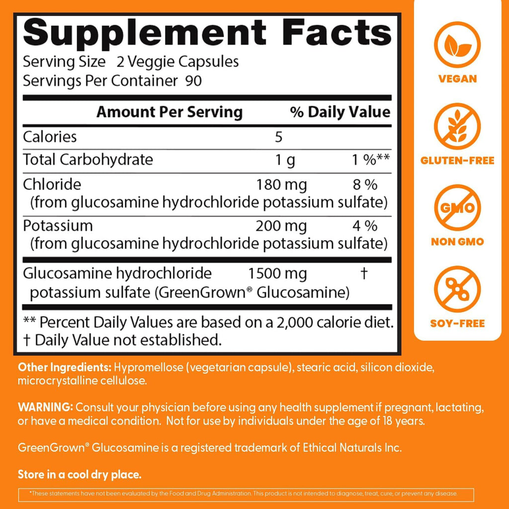 Buy now Doctor's Best Vegan Glucosamine Sulfate, Joint Support, Non-GMO, Vegan, Gluten Free, Soy Free, 750 mg 180 Veggie Caps at indiglob india