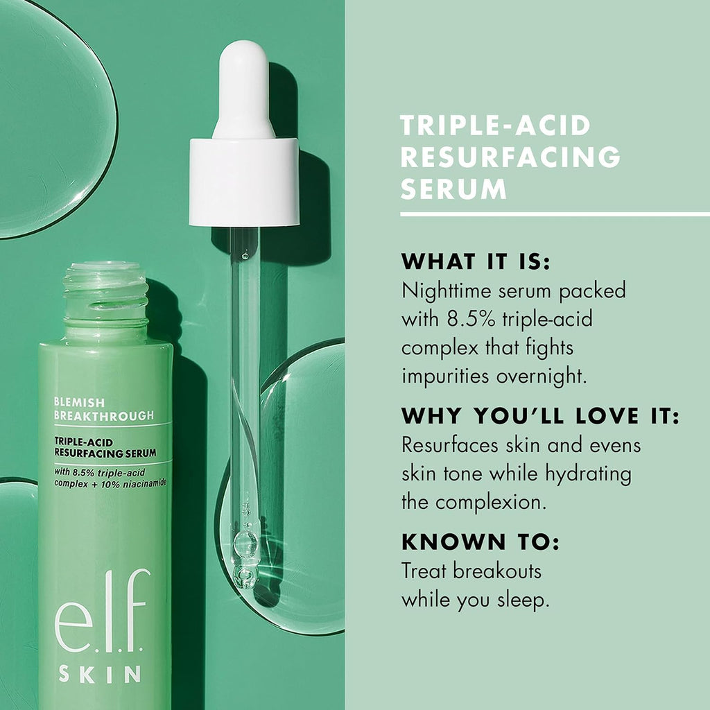 Buy now e.l.f. SKIN Blemish Breakthrough Triple-Acid Resurfacing Serum, Hydrating Night Serum For Fighting Blemishes, Helps Improve Skin Tone & Texture at indiglob india
