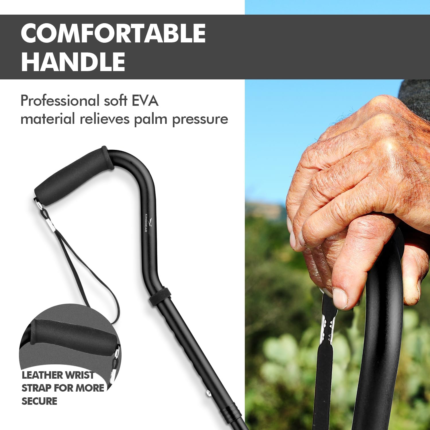 Buy now KINGGEAR F1 Walking Stick, Walking Cane for Women & Men, Self Standing Walkers for Seniors with Wrist Strap, Lightweight & Sturdy Offset EVA Handle and Large Quad Base at indiglob india