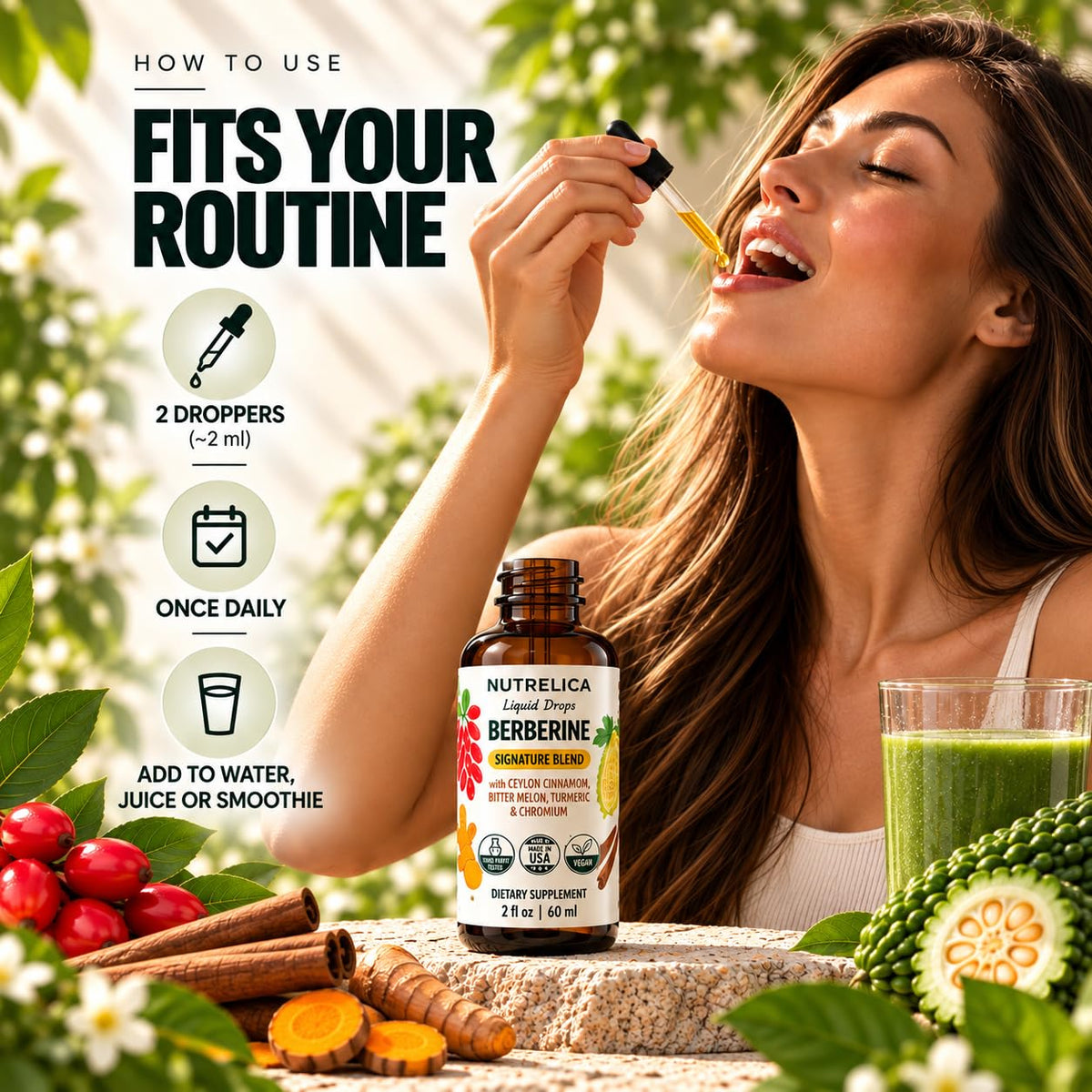 Berberine Complex with Ceylon Cinnamon, Bitter Melon, Turmeric & Chromium -1200mg - Liquid Herbal Supplement - Vegan, No Sugar, Non-GMO