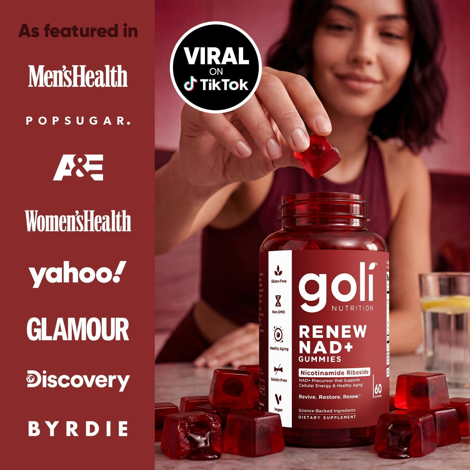 Goli World’s First Renew NAD+, 60 Count Each (2 Pack, 120 Total) – Nicotinamide Riboside (NR) – Cellular Energy & Healthy Aging Support – Vegan, Non-GMO, Gelatin-Free Liquid-Center Gummies