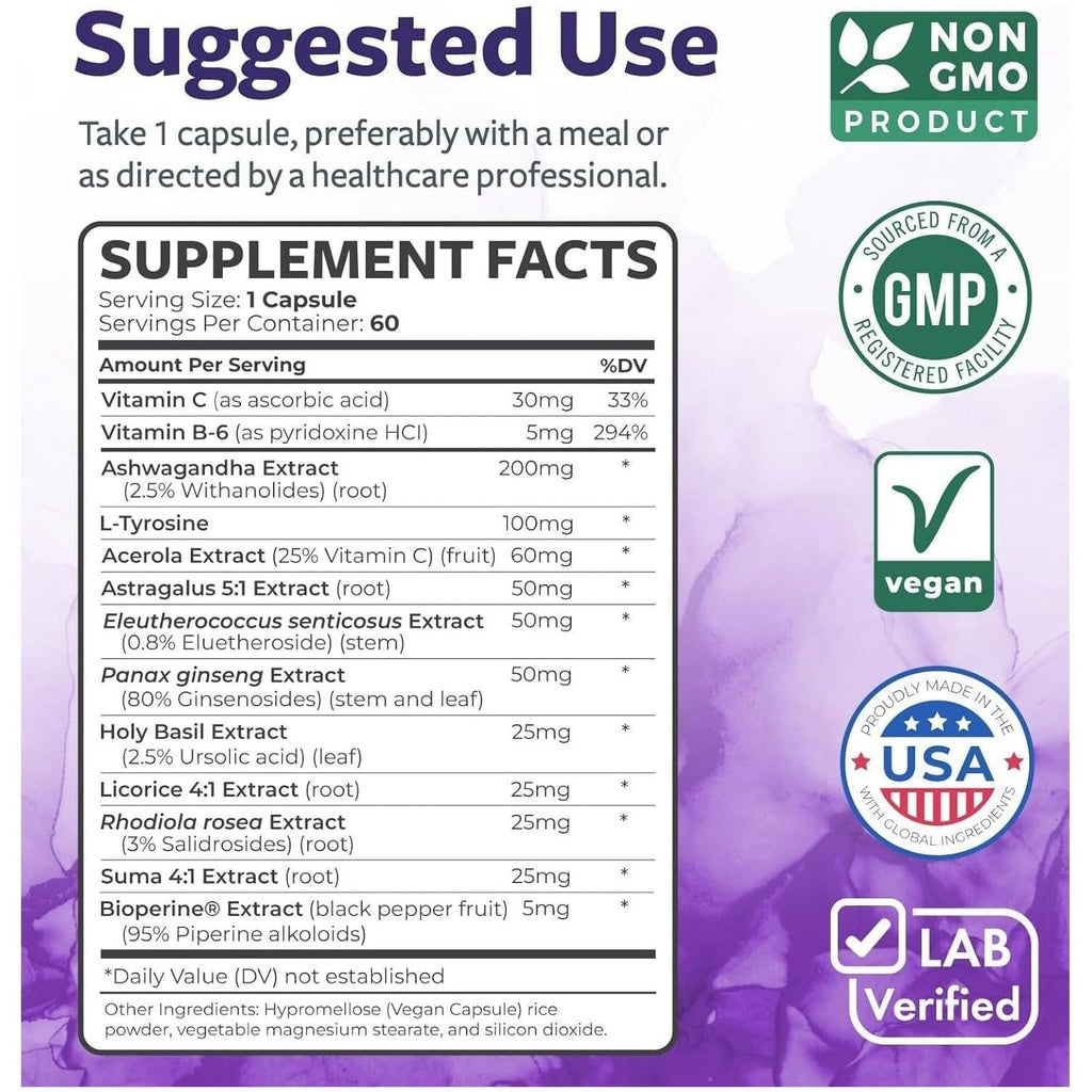 Buy now Adrenal System Support & Cortisol Manager (2 Month Supply) Powerful Ashwagandha & L-Tyrosine Fatigue Supplement - Maintain Balanced Cortisol Levels, Health, & Stress Relief - Non-GMO - 60 Capsules at indiglob india