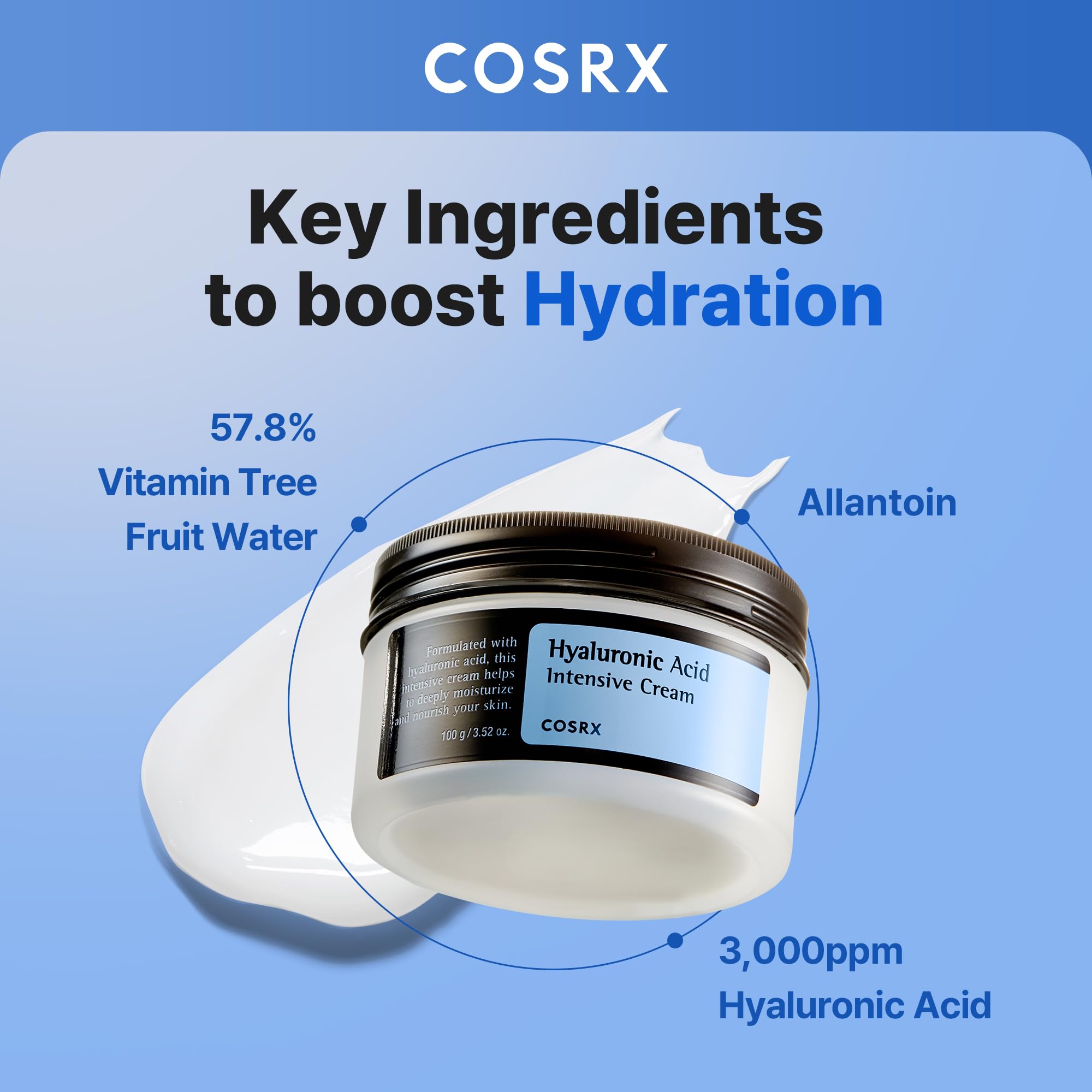 COSRX Hyaluronic Acid Cream, Daily Moisturizer for Sensitive Skin, 3.52 oz | Lightweight, Non-Greasy, Long-lasting Hydration for Glass Skin, Moisture Barrier Repair, Korean Skin Care, 3.52 oz