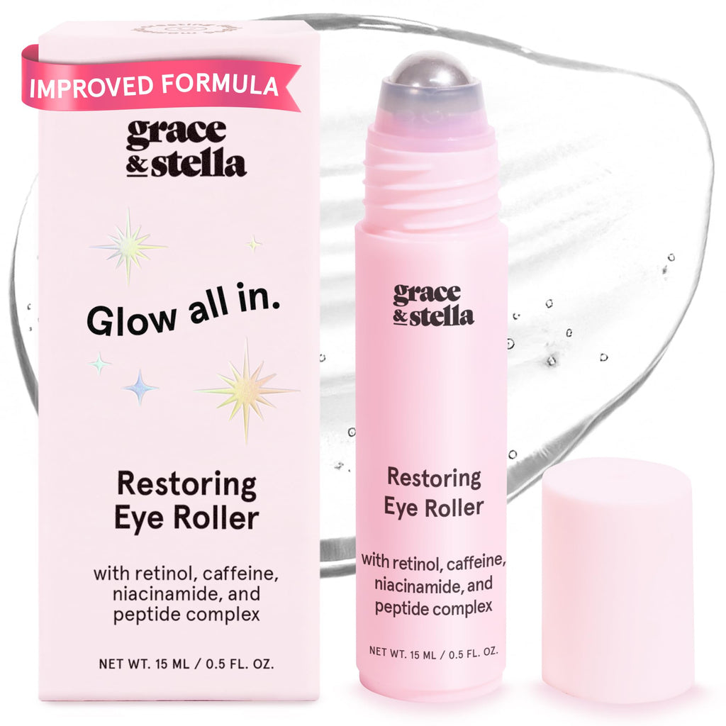 grace & stella Award Winning Under Eye Brightener Roller | Travel Size Toiletries - Retinol & Caffeine Eye Serum for Puffiness, Dark Circles, Wrinkles -Vegan Skincare (15ml / 0.51floz)