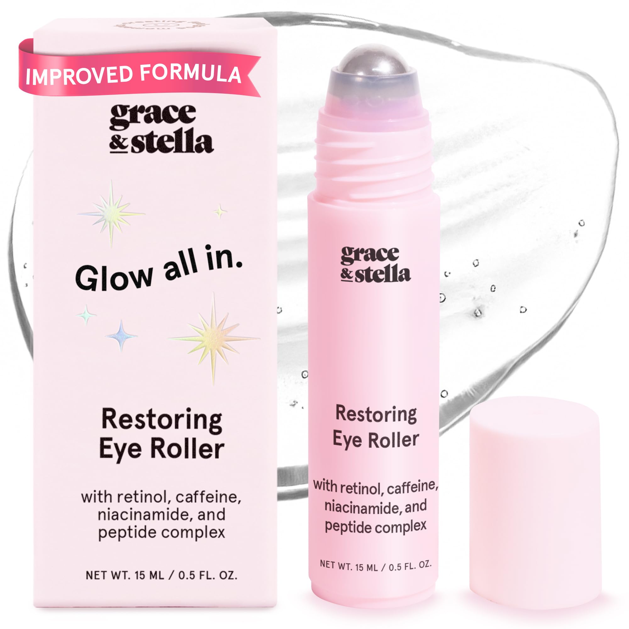 grace & stella Award Winning Under Eye Brightener Roller | Travel Size Toiletries - Retinol & Caffeine Eye Serum for Puffiness, Dark Circles, Wrinkles -Vegan Skincare (15ml / 0.51floz)