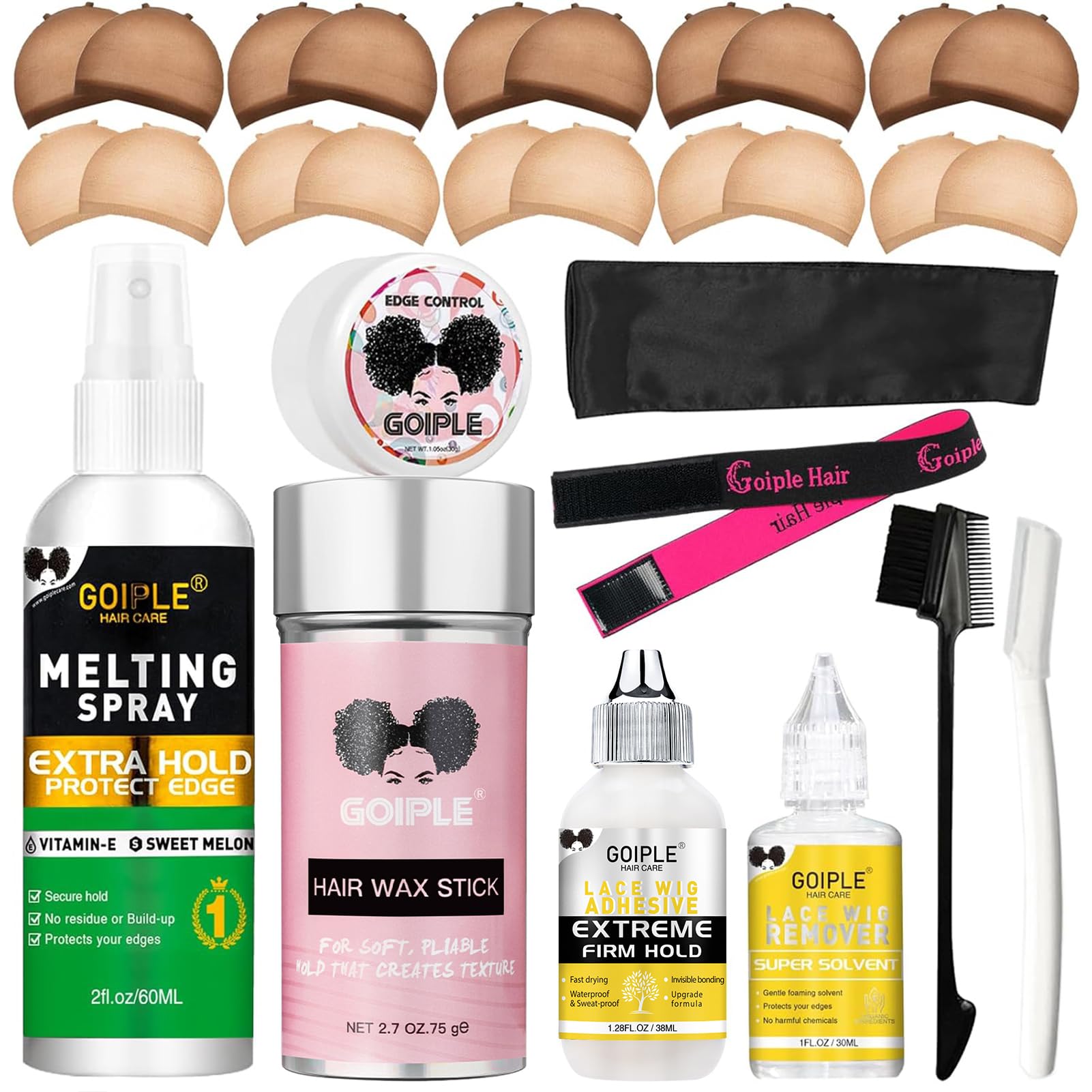 Wig Accessory Essentials Kit Lace Front Wig Glue & Remover, Wig Caps, Elastic Band, Hair Wax Stick, Edge Control, Edge Brush, Hair Shear Dermaplanning Razor Tool and Edge Scarf - 10PCS