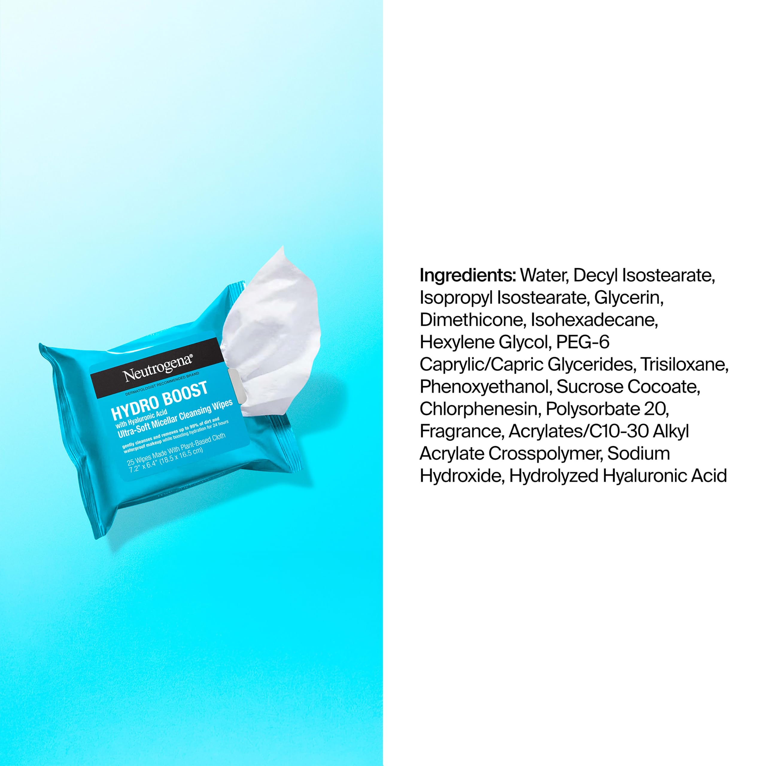 Neutrogena Hydro Boost Cleansing Wipes Makeup Remover, 25 Ct | Micellar Cleansing Cloths, Gently Removes Oil, Dirt, Waterproof Makeup, Hydrating Hyaluronic Acid