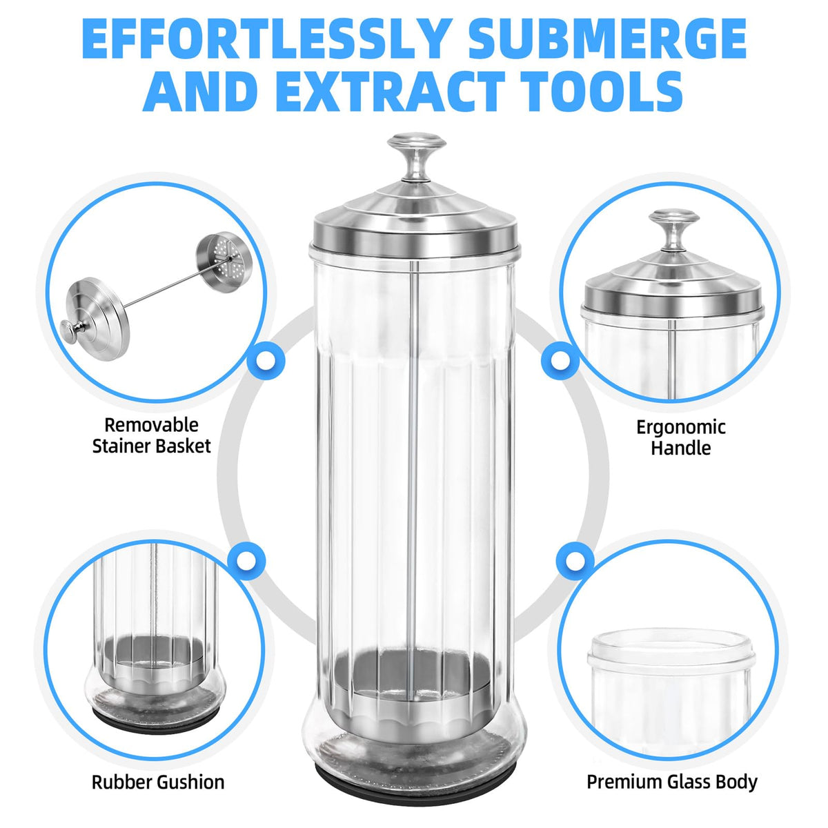 Glass Disinfectant Jar with anti-slip pad 53 Oz/1500ML, Barber Disinfectant Jar With Removable Basket, Large Sterilizing for Manicure & Pedicure Implements Stainless Steel 11.7"H x 3.8"W