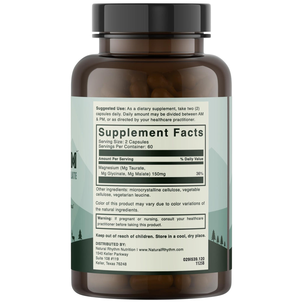 Natural Rhythm Triple Calm Magnesium Complex - 120 Capsules, Chelated Magnesium Glycinate, Taurate & Malate, High Absorption Supplement for Sleep, Stress, Muscle & Heart Support, Non-GMO, Vegan