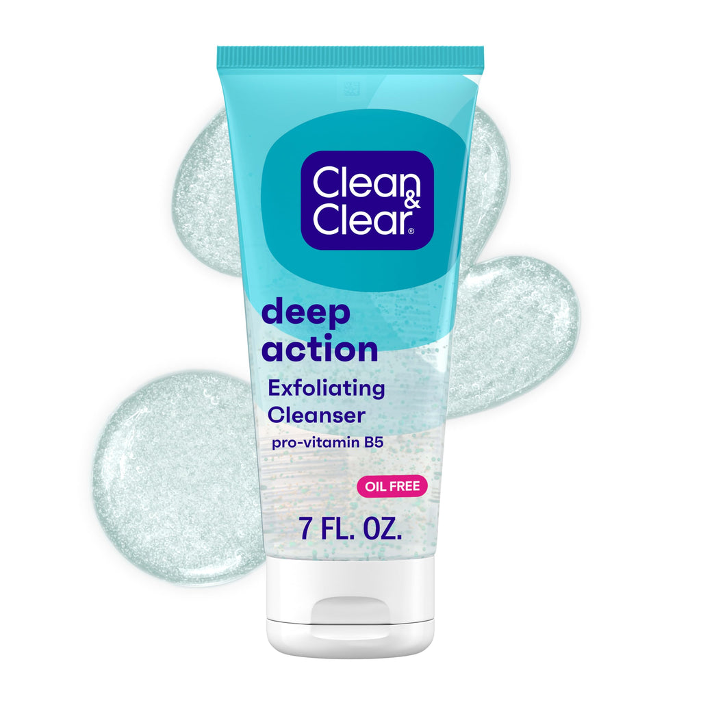 Clean & Clear Oil-Free Deep Action Exfoliating Facial Cleanser, 7 fl oz | Pro-Vitamin B5, Gentle Exfoliating Daily Face Wash, Smooth Hydrated Skin, Paraben-Free
