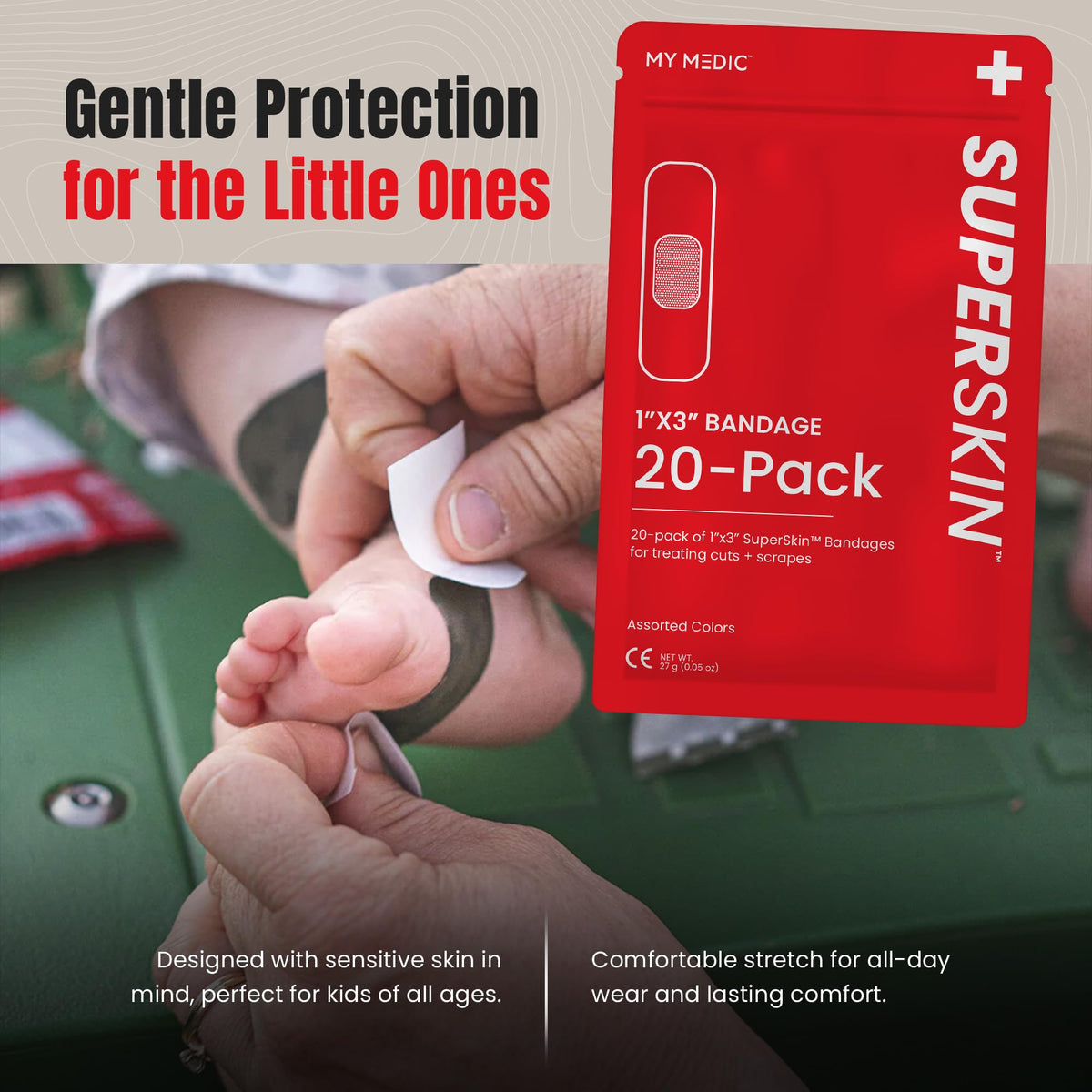 My Medic SuperSkin Bandages, 20-Pack Adhesive Bandages with Soothing Aloe, Latex-Free, 5X Stronger, 1" x 3" Flexible Fabric Bandages for First Aid and Skin Protection