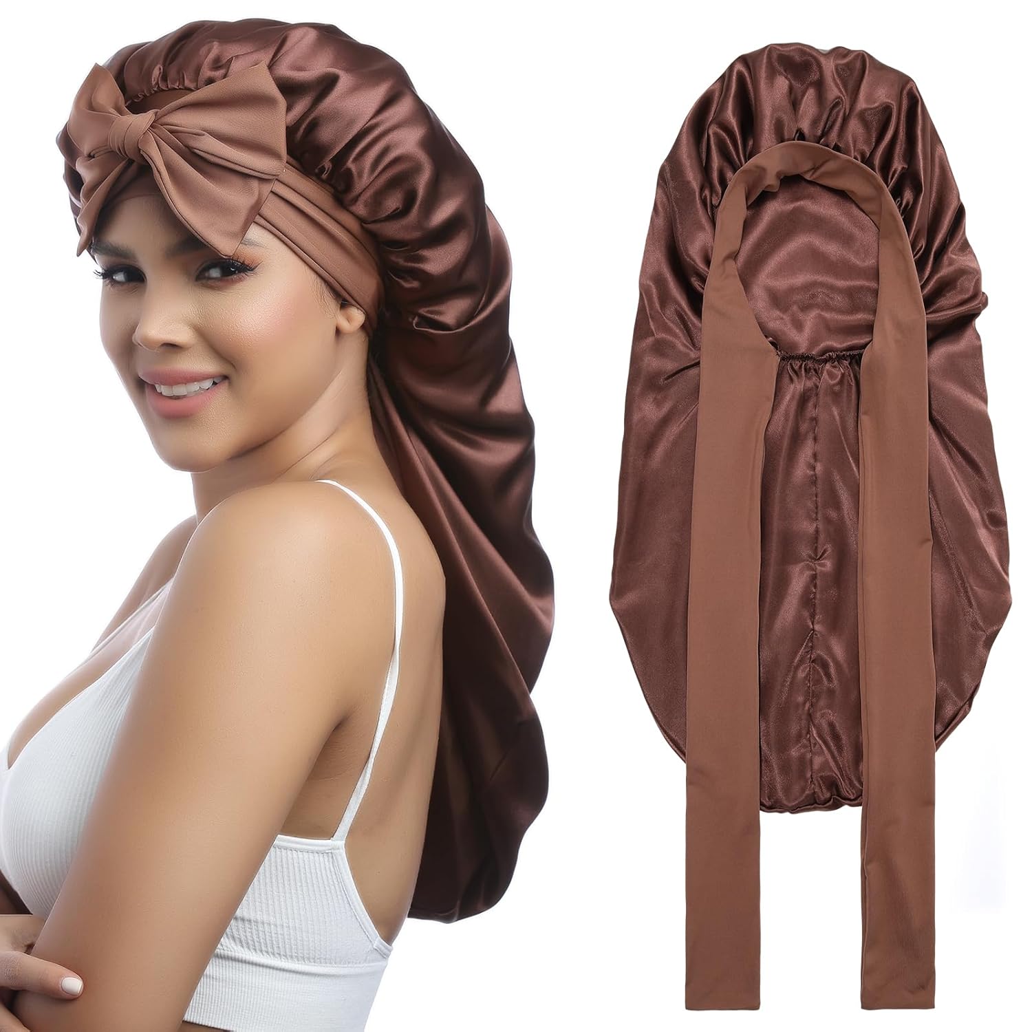Buy now AWAYTR Long Satin Bonnet for Women - Double Layer Elastic Silk Bonnet for Braids Hair Sleeping Cap with Tie Band (Rose Gold) One Size Brown at indiglob india