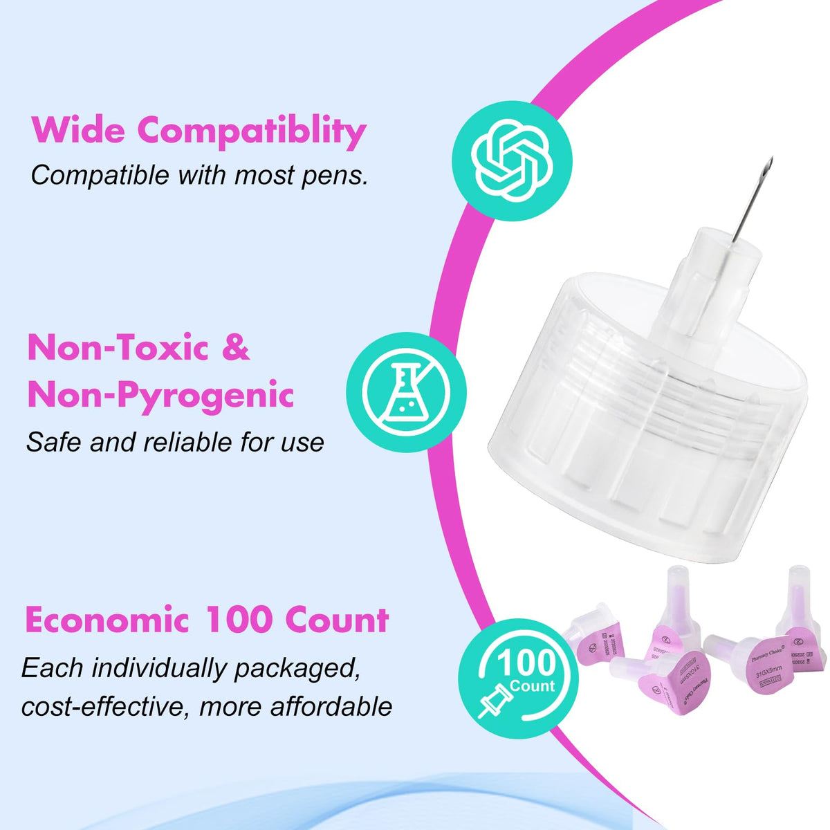31G x 5mm(3/16") Pen Tips ，Universal Fit, Sterile，Ultra-Thin Wall Technology. Comfortable and Precise，100 Count