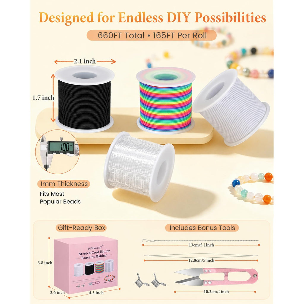 ZUSHALLMY Bracelet String Kit, 4 Rolls 1mm Elastic Cord, 660 FT Total