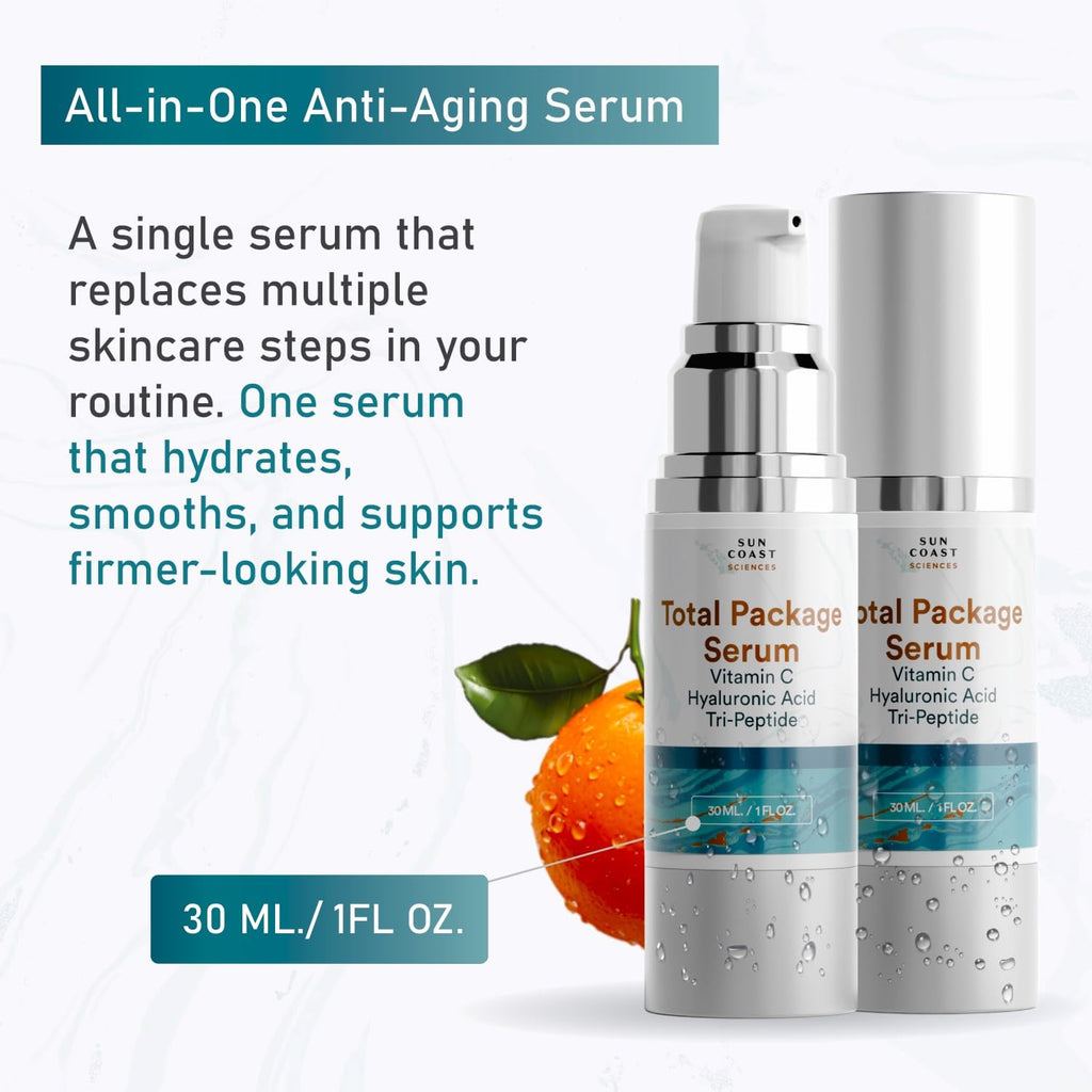 Sun Coast Sciences - Total Package Serum - Vitamin C Serum with Hyaluronic Acid & Peptides for Face - Hydrating Anti Aging Face Serum for Smoother, Firmer Looking Skin - 1 Fl Oz (Pack of 1)