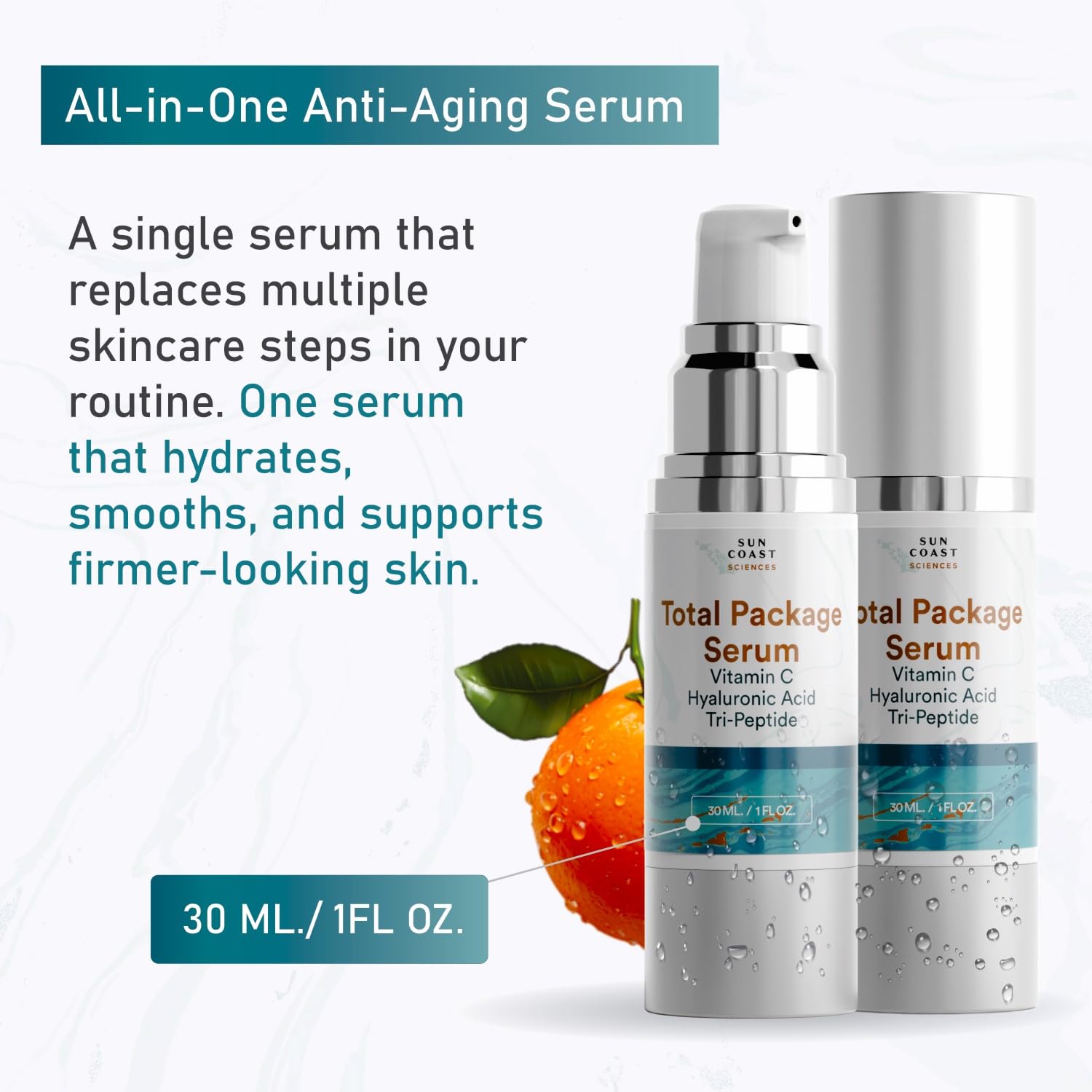 Sun Coast Sciences - Total Package Serum - Vitamin C Serum with Hyaluronic Acid & Peptides for Face - Hydrating Anti Aging Face Serum for Smoother, Firmer Looking Skin - 1 Fl Oz (Pack of 1)