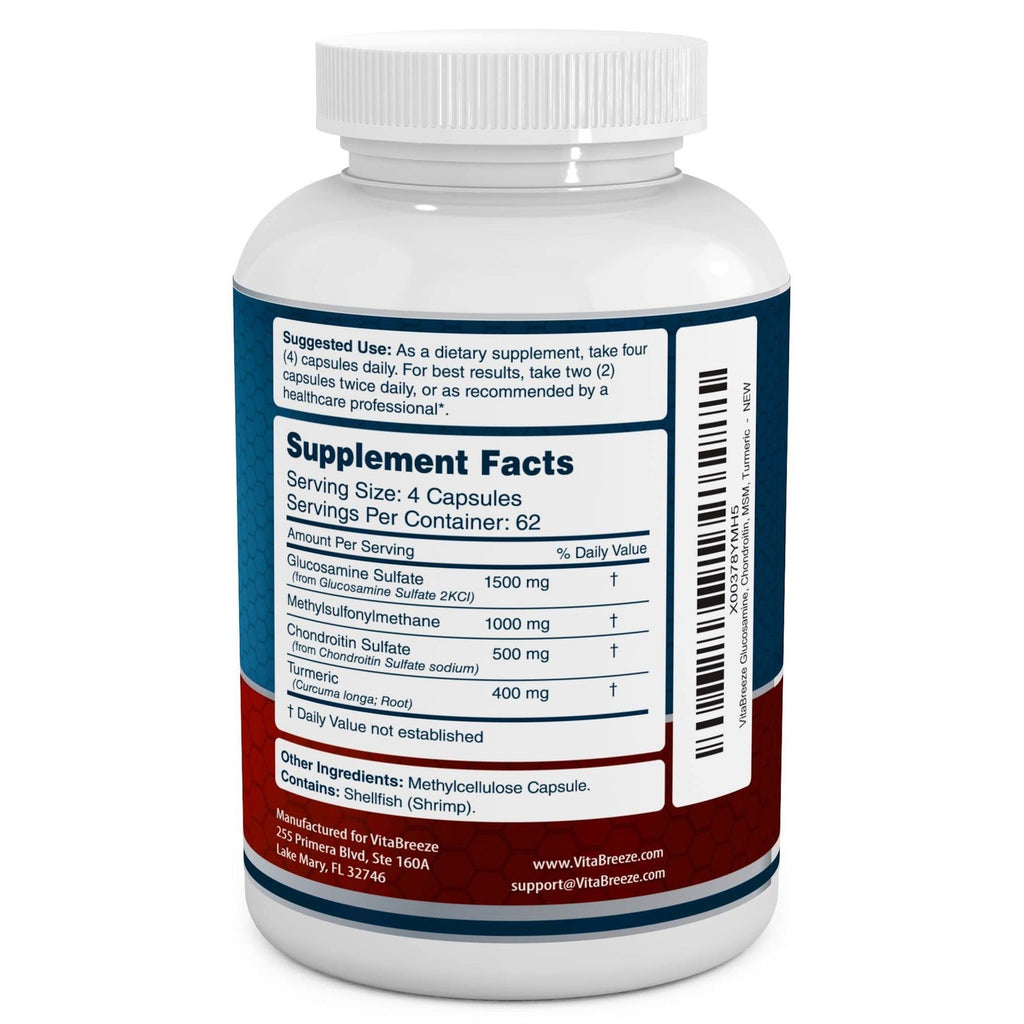VitaBreeze Glucosamine Chondroitin MSM & Turmeric Supplement, 248 Capsules | Triple Strength Joint Support Supplement, Suitable for Men and Women