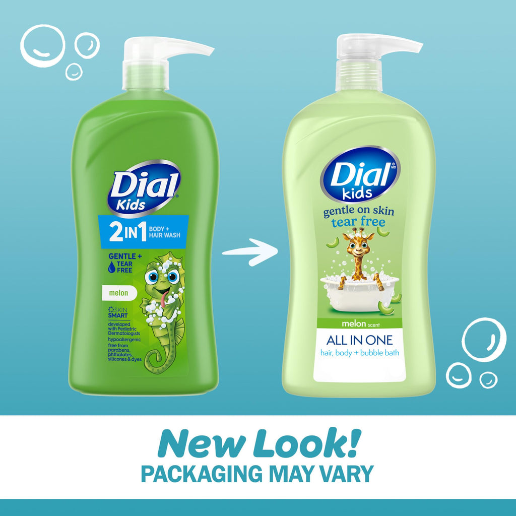 Dial Kids All-in-1 Body Wash + Hair + Bubble Bath, Melon Scent, 32 Fl Oz, Hypoallergenic Body Wash & Shampoo, No Tears Formula for Kids 2+ Years, No Parabens & Silicones