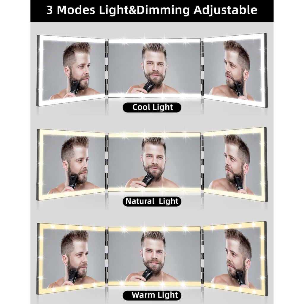 Vanexiss 3 Way Mirror-360 Mirror for Self Hair Cutting with 8 Light Strips