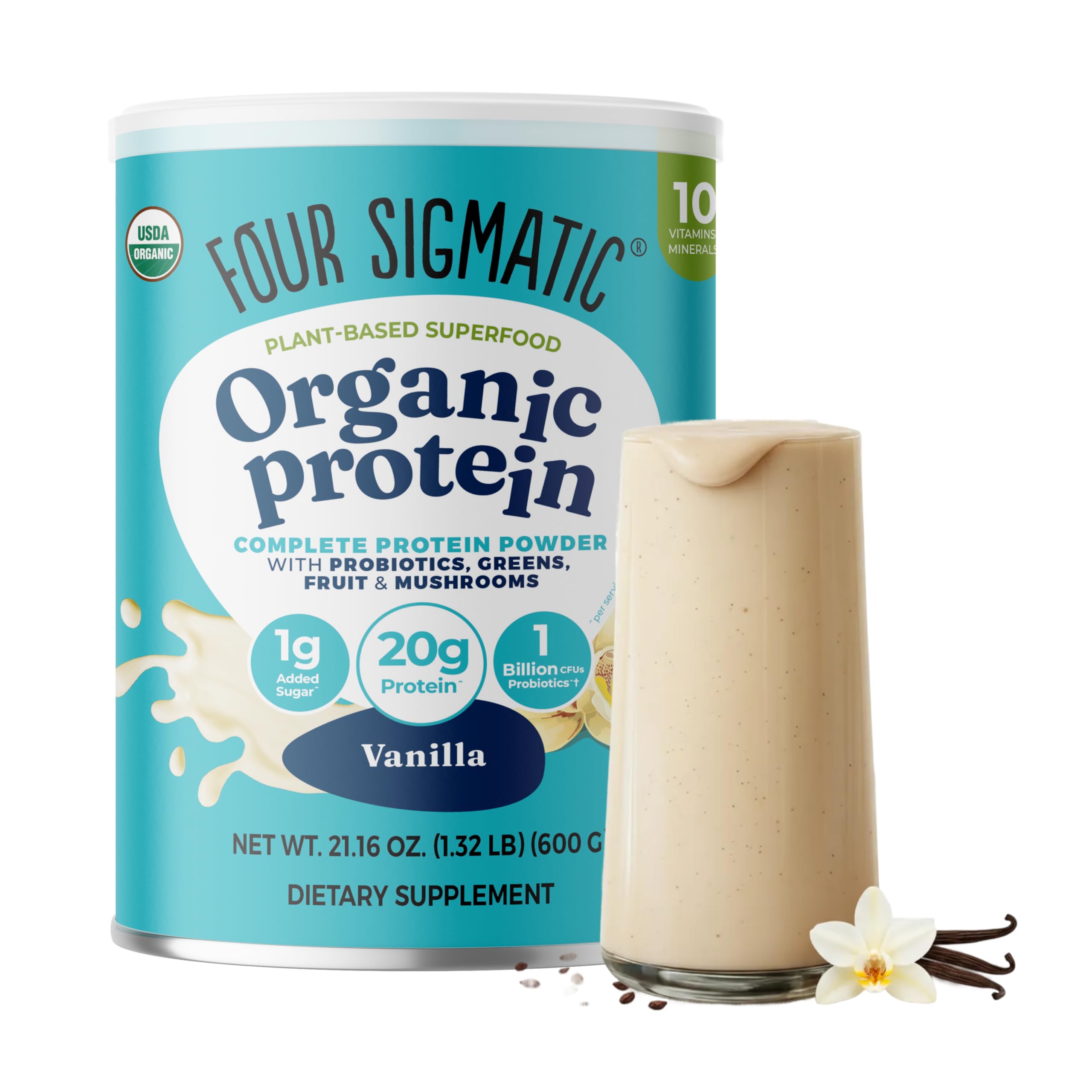 Four Sigmatic Organic Plant-Based Protein Powder | Clean Vegan Protein Elevated with Lion’s Mane, Chaga, Cordyceps and More for Brain Function and Immune Support | Creamy Cacao, 21.16 oz