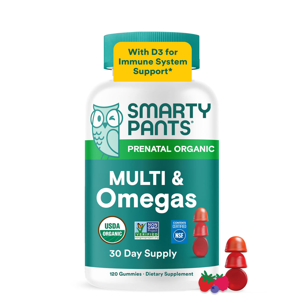 SmartyPants Organic Prenatal Vitamins for Women, Multivitamin Gummies: Biotin, Methylfolate, Omega 3 (ALA), Vitamin D3, C, Vitamin B12, B6, A, K2 & Zinc, Choline, Vegetarian, 120 Count (30 Day Supply)
